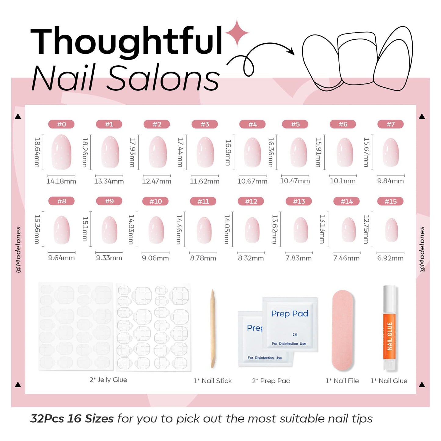 modelones Pink Short Polka Dot Press on Nails, Semi-Transparent Oval Fake Nails Kit Press Ons with Nail Glue, Adhesive Tabs, Nail File, Prep Pad, Manicure Stick, 32Pcs 16 Sizes, Spring Women Girl Gift