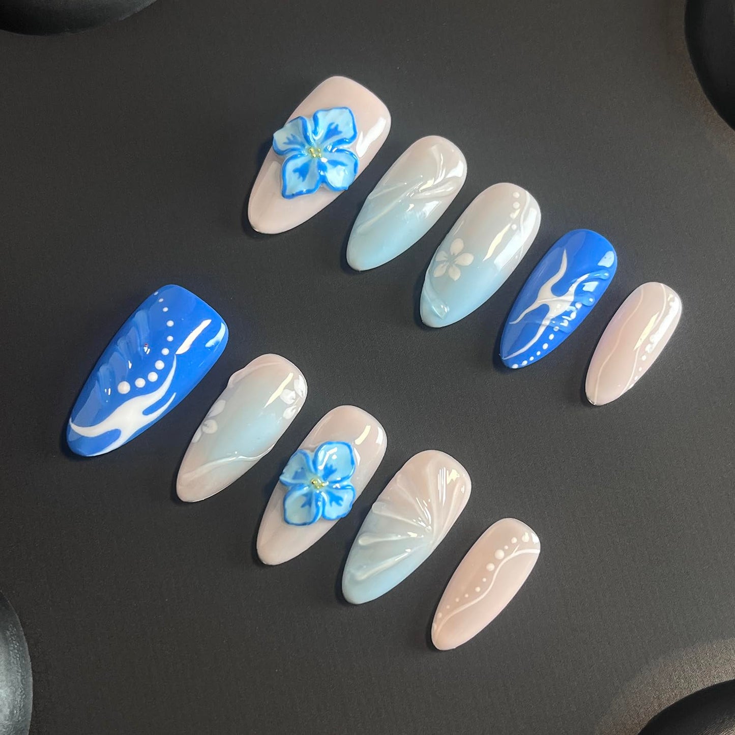 Luxury Press on Nails Medium Almond 3D Unique Handmade Fake Nails Blue False Nails with Designs Flower Water Ripple Beach Reusable ABS MaterialGlossy Glue on Thick Acrylic Nails(M)