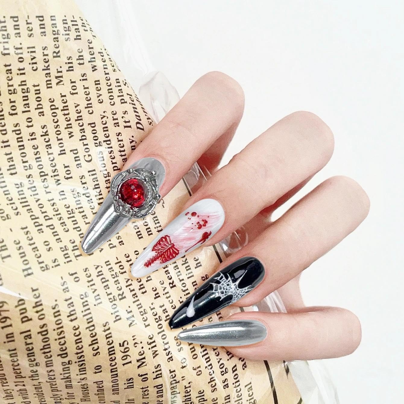 Handmade 3D Gothic Spider Web Red Rhinestone Stiletto Press On Nails, Dark Halloween Artisan Nails Set, Reusable Glossy Press-ons with Tool Kit(S)