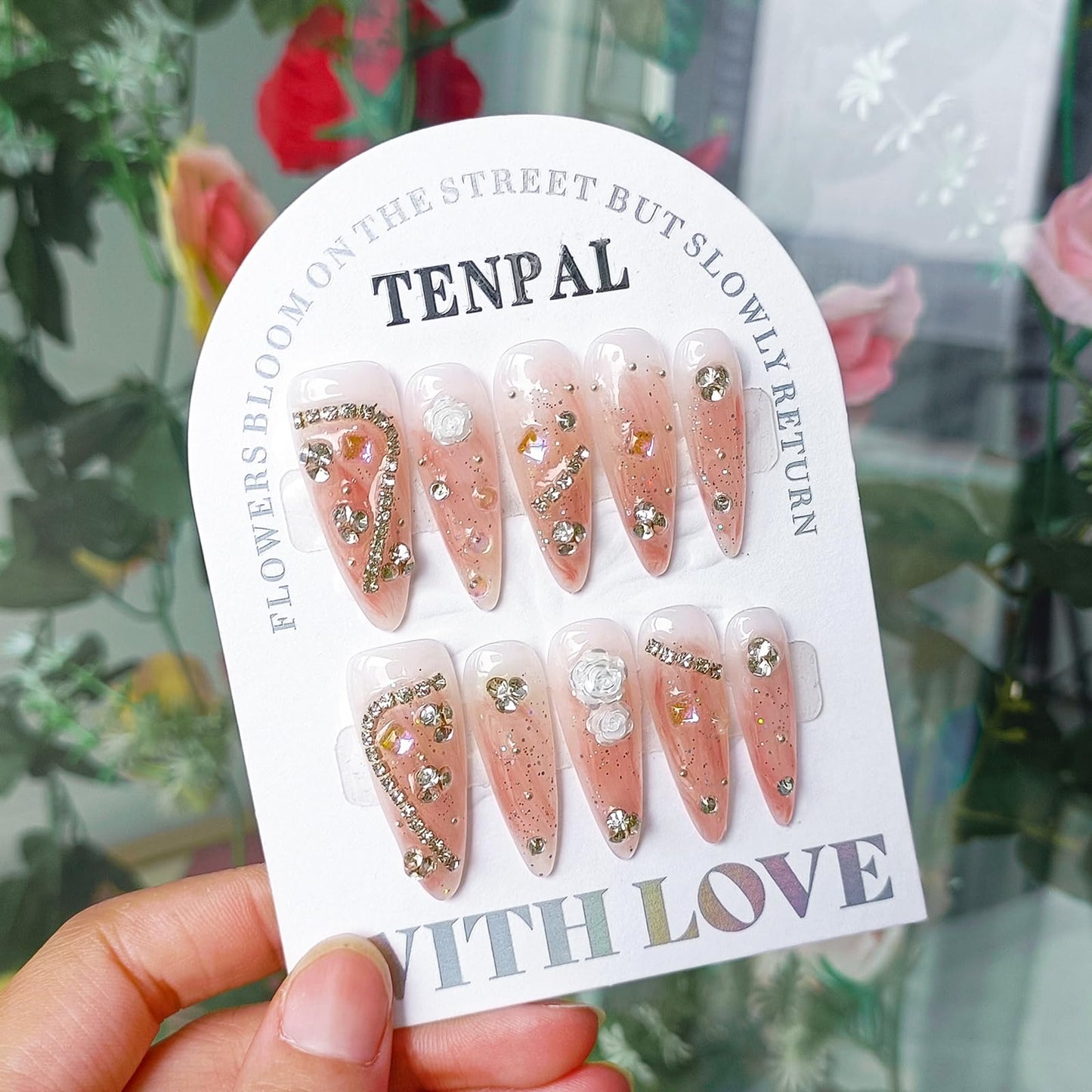 TENPAL Handmade Press on Nails Stiletto Rhinestones Pink Nails Press ons Ballet Acrylic Fake Nails With Diamond Camellia Designs 10pcs/Box Glue on Nails Long Y2k Sweet Cool Artificial Nails(S,Orange)