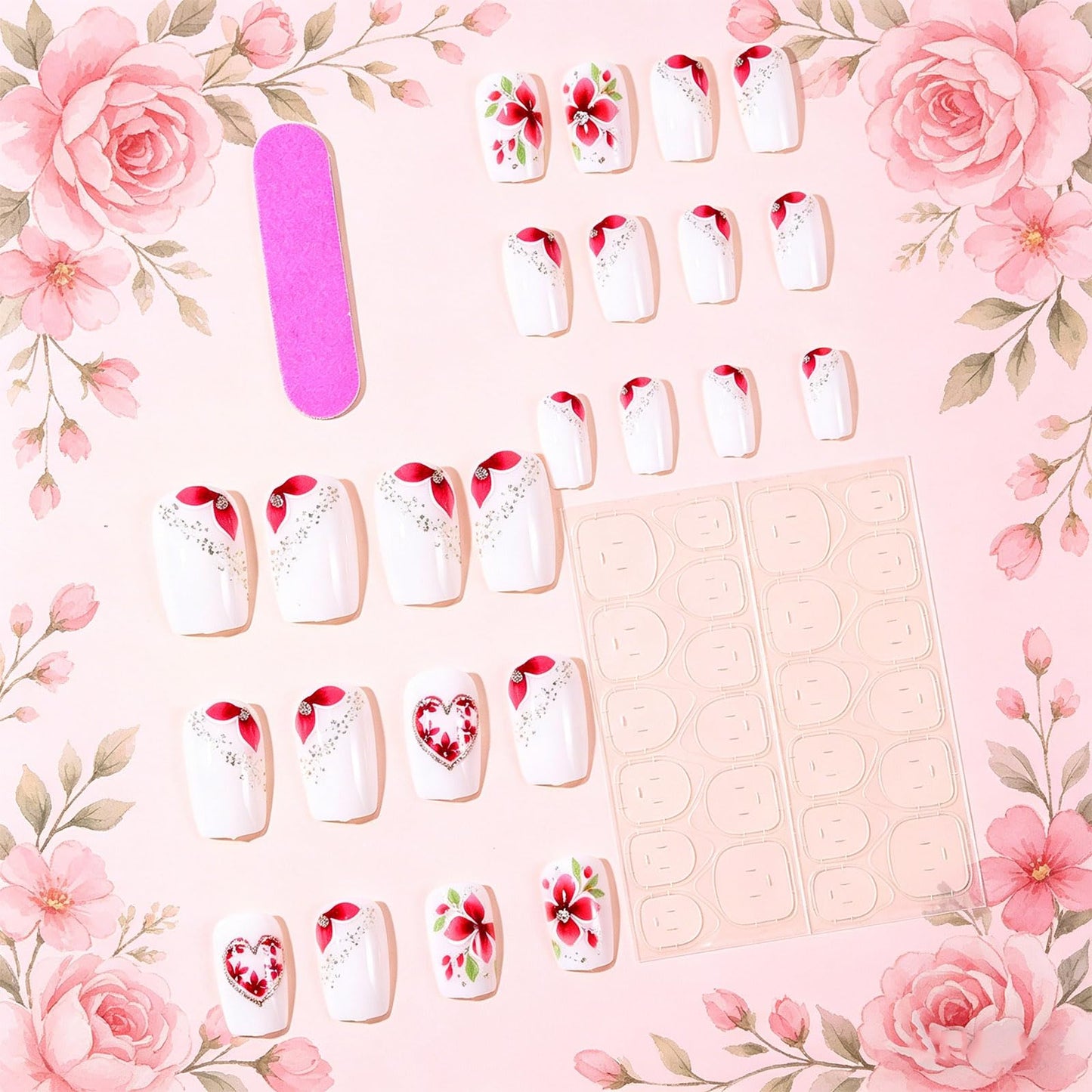 Red Flower Press on Nails, Gold Glitter Medium Square Fake Nails with Love Design, Reusable Green Leaf Glue On Artificial Nail Floral False Nail for Women Valentine Bridal Wear