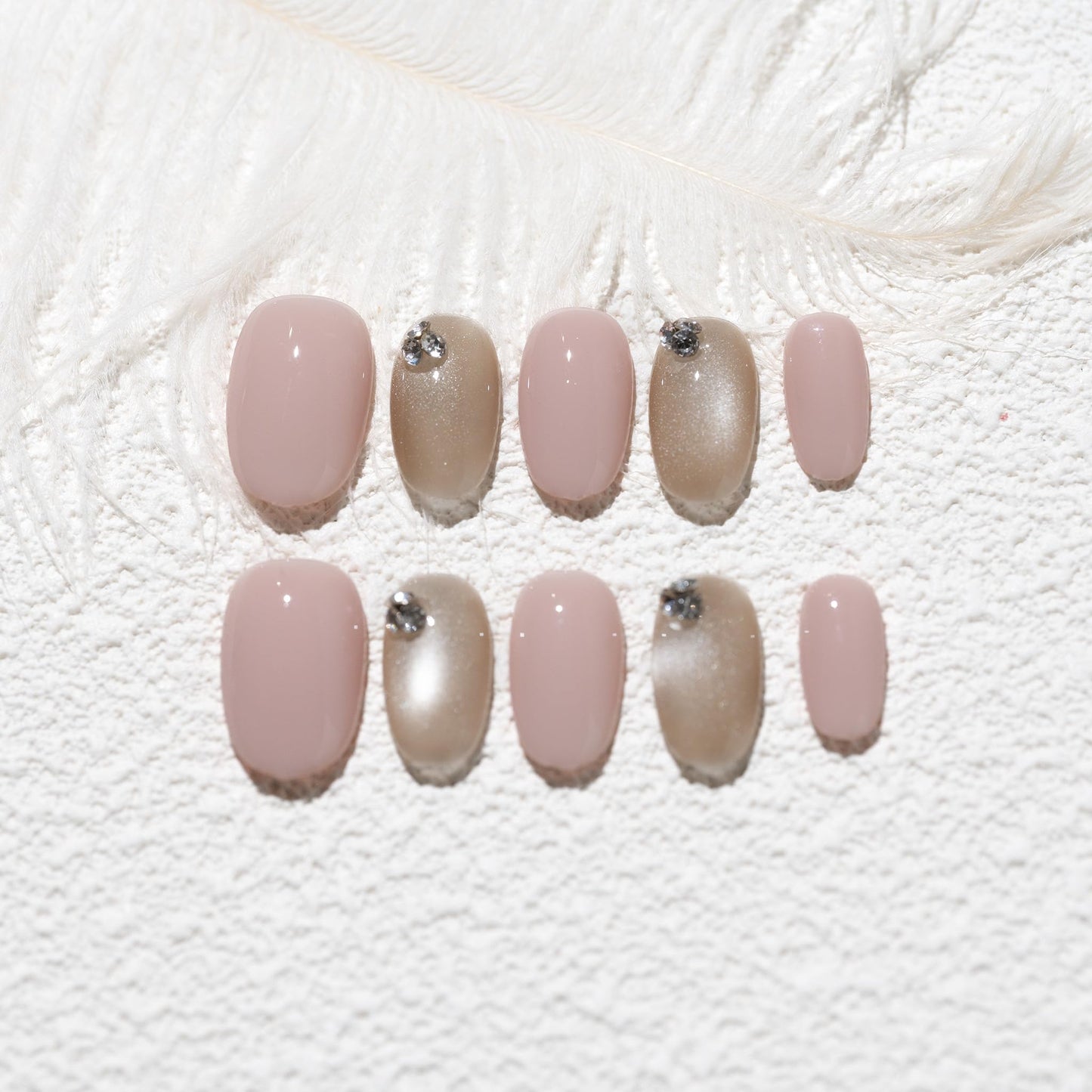 Sun&Beam Nails Handmade Press-on Short Squoval Round Pink Rhinestone glossy Hand-Painted Design Fashion False Nail Tips 10 Pcs Set (#232 S)