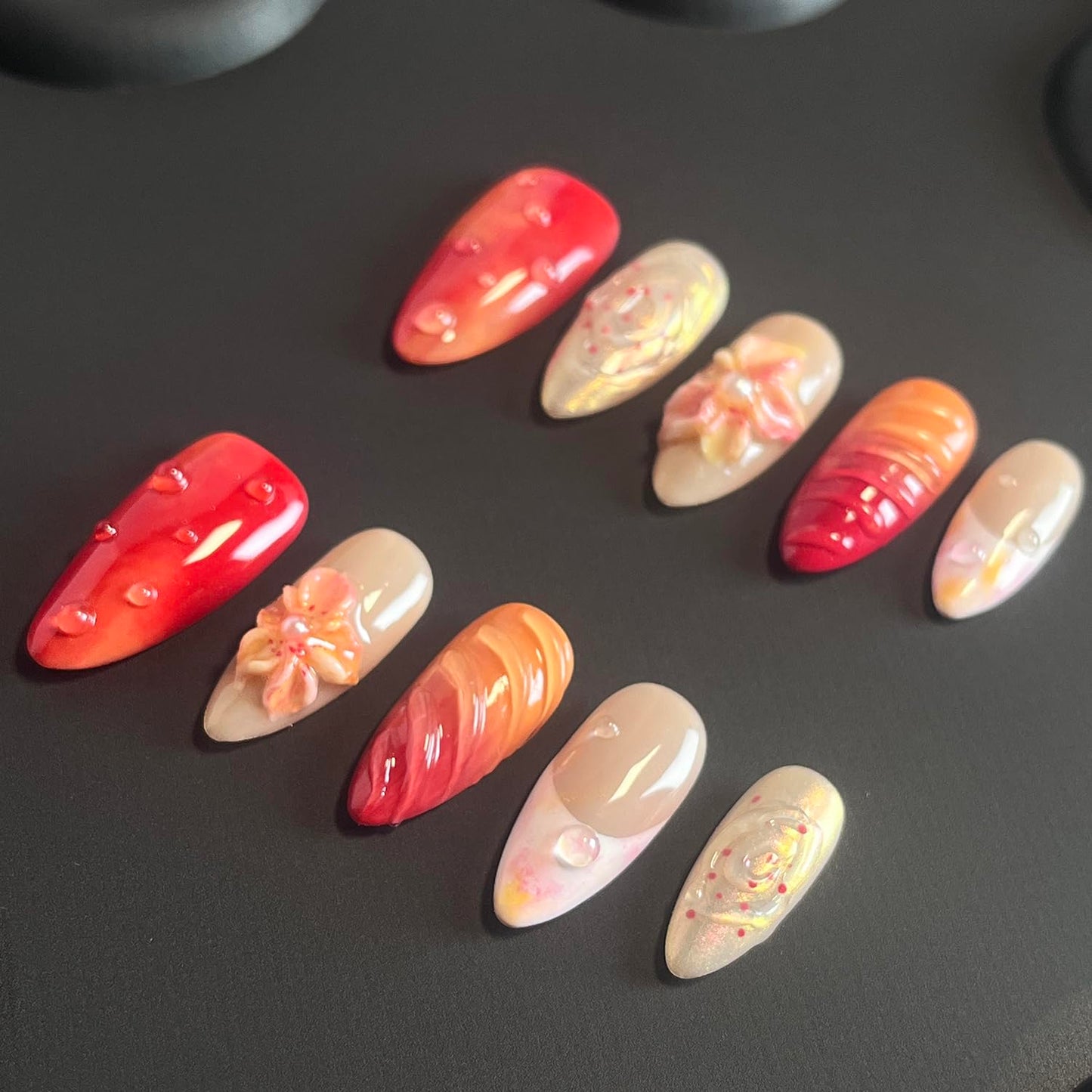 Luxury Press on Nails Medium Almond Handmade 3D Unique Reusable ABS Material Fake Nails Red&Orange False Nails with Designs Water Drop Flower Art Petal Glossy Glue on Thick Acrylic Nails(M)