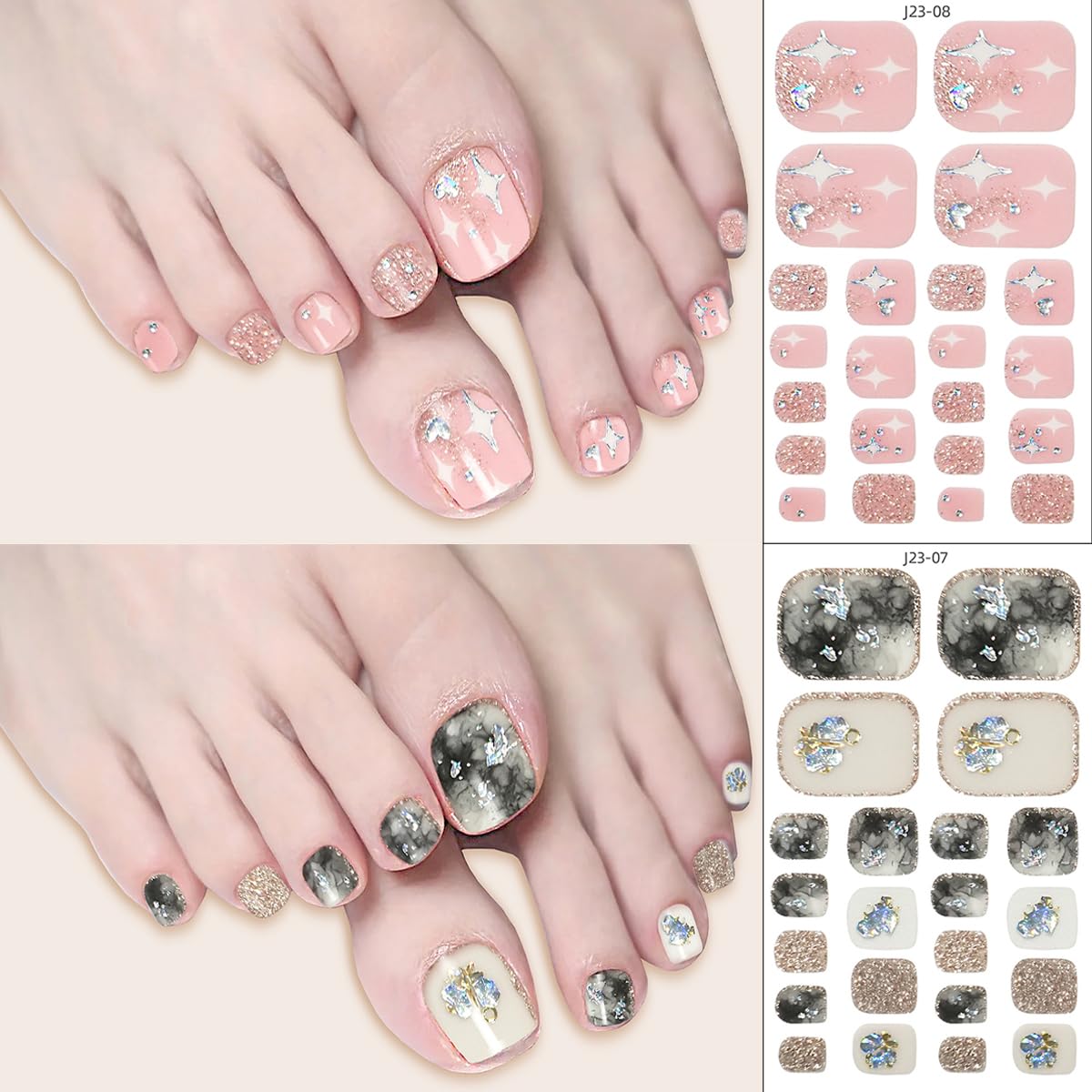 8 Sheets Toe Nail Wraps French Toenail Nail Polish Strips Decals Colorful Sparkly Full Toe Nail Wraps Toenails Nail Stickers Glitter Toe Nail Stickers Self Adhesive Design for Women Girl DIY Manicure