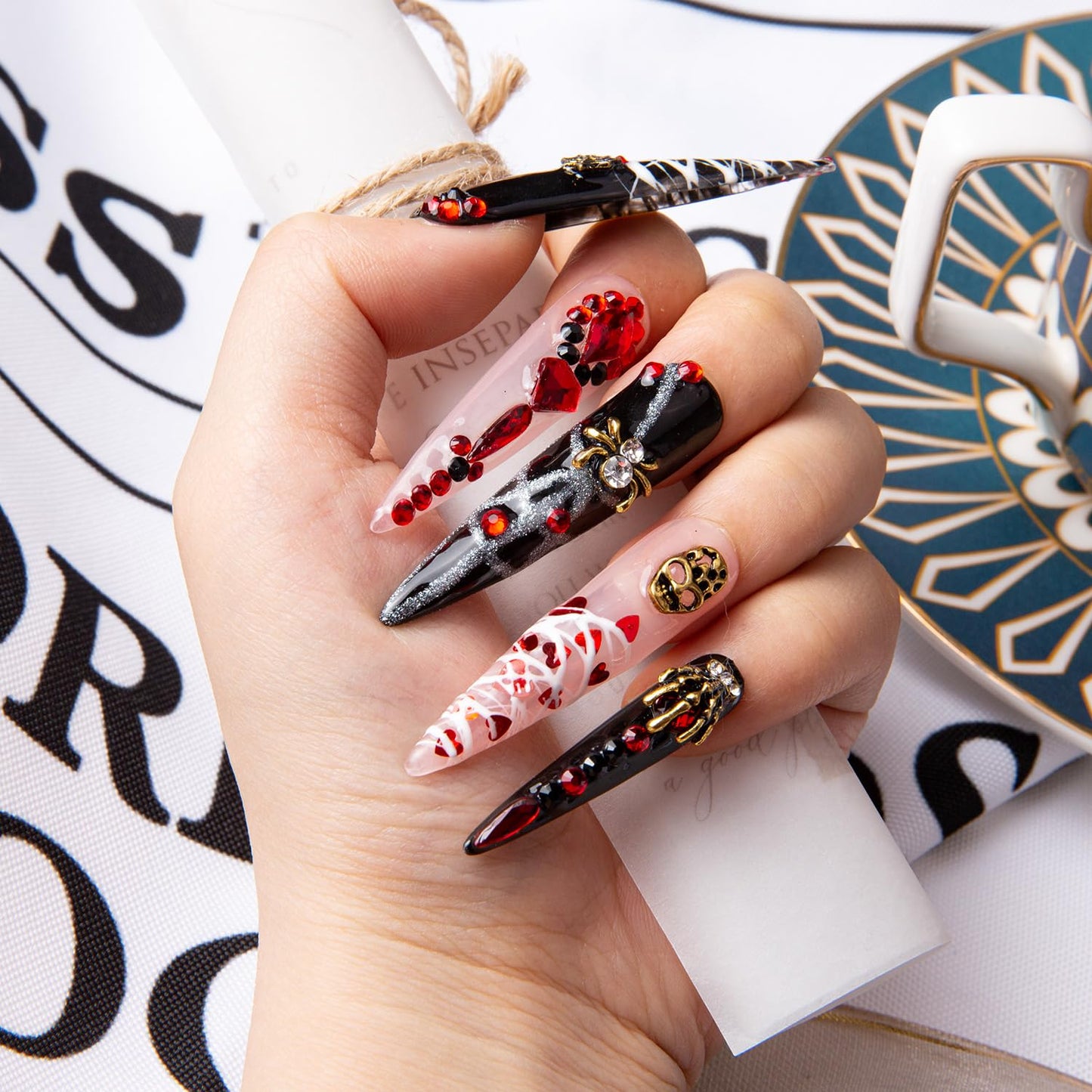 LOVFUL Press on Nails Halloween Bleeding Love | Handmade with Full Covered Crystals | Reusable Fake Nails | Stiletto Long 2.2 in | H42-L