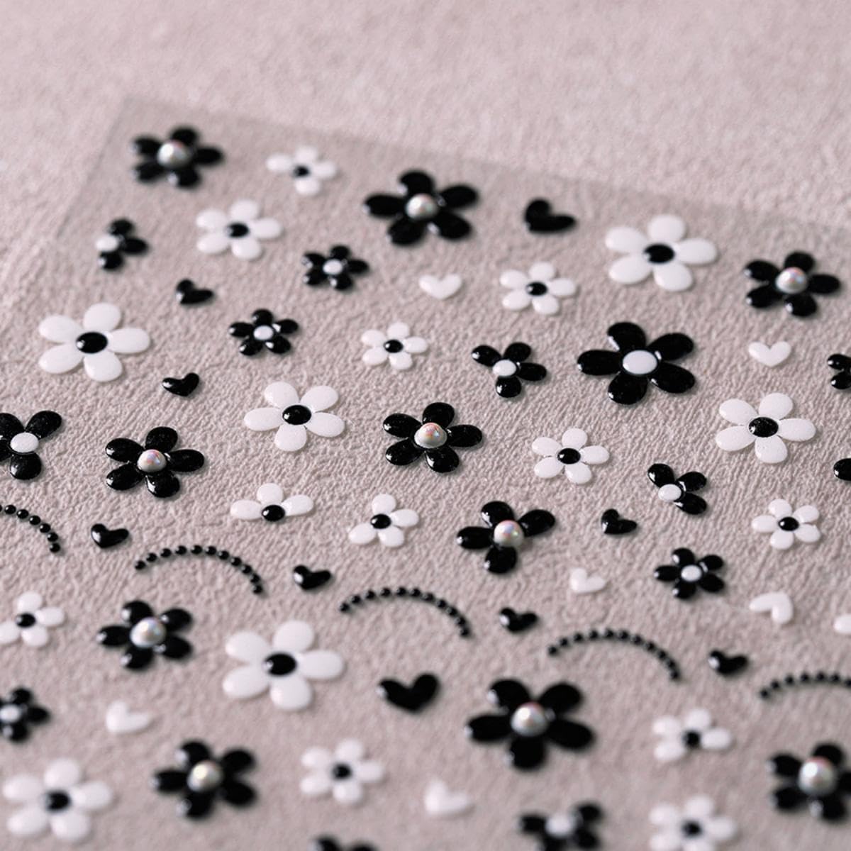 5D Embossed Flower Nail Art Stickers Black White Flower Nail Stickers with Pearl Design Self-Adhesive Nail Decals for Women Girls Spring Summer Manicure DIY Nail Supplies