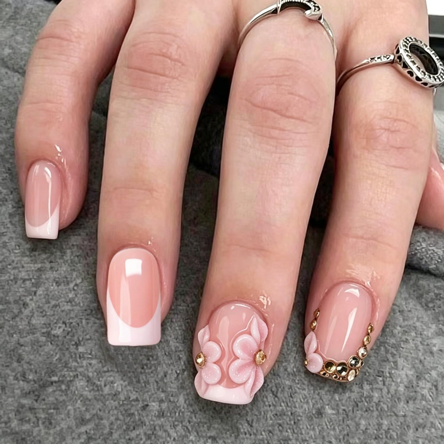 10pcs Press on Nails Flowers Handmade White French Tip Fake Nails with 3D Flower & Gold Rhinestone Designs Short Square Muti-Layer Gel Acrylic Nail Full Cover Thick Stick on Nails for Women (M)
