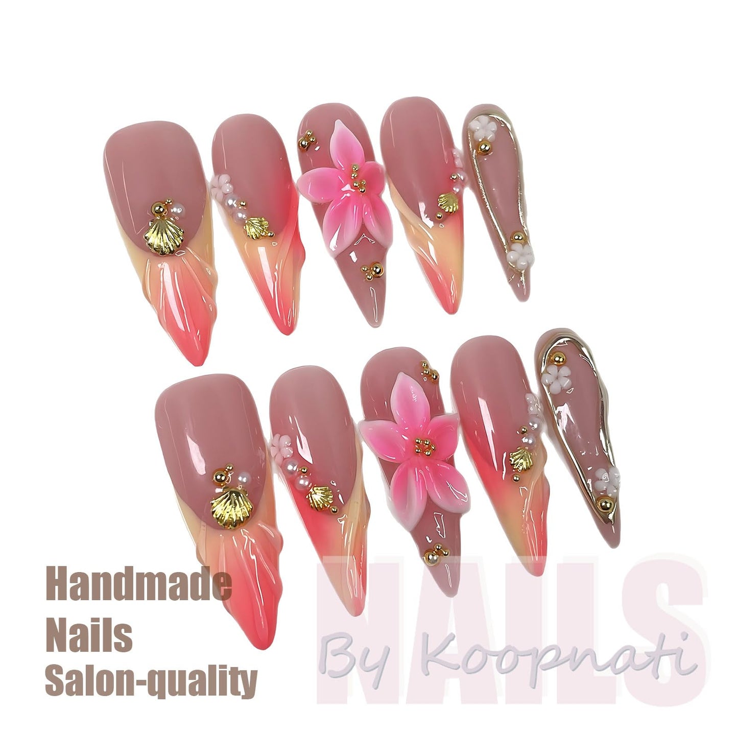 Handmade Press On Nails Almond Long Homemade Press On Nails French Tip With 3D Design Fake Nail Art For Women M
