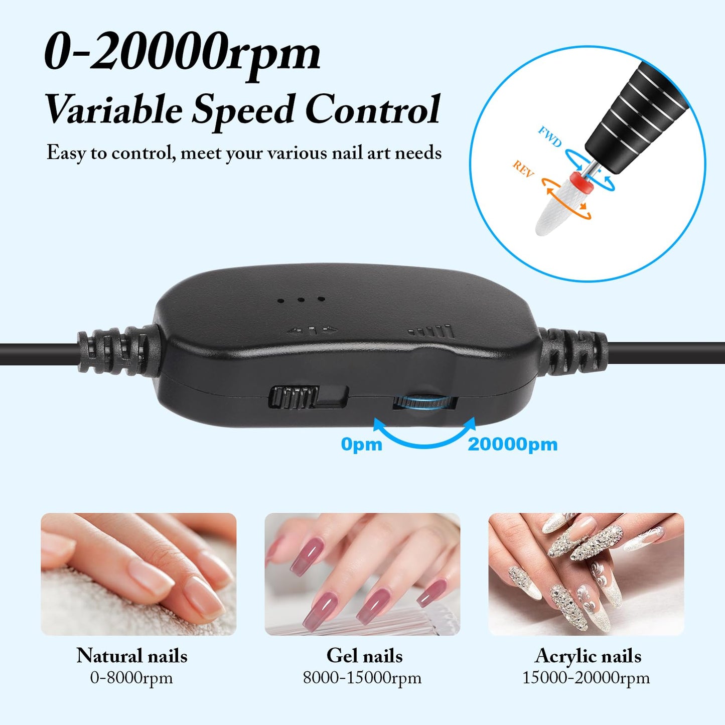 QPVZX Electric Nail Drill for Acrylic and Gel Nails, Low Vibration Ultra Quiet Portable E File Machine for Home Manicure and Pedicure, Nail Kit with Bits and Sanding Bands(Dark Black)
