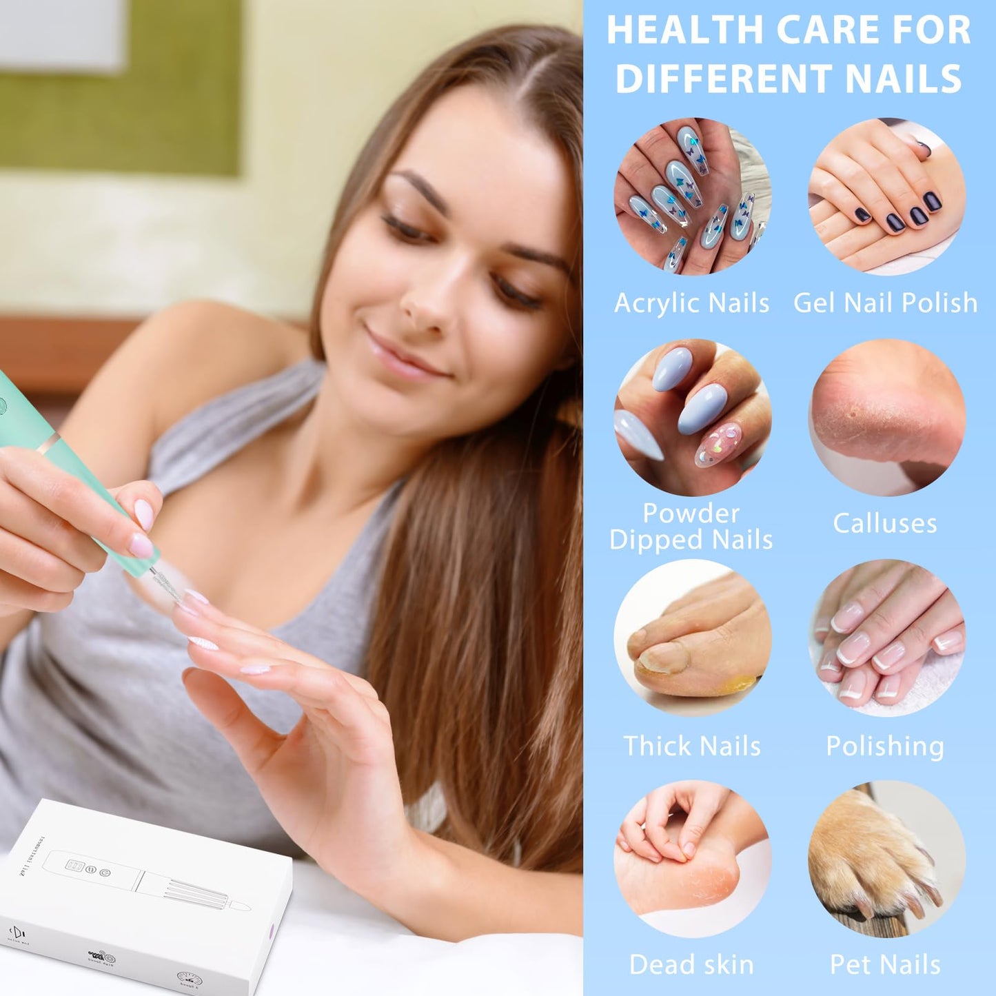 Cordless Electric Nail Drill with 360° Ring Light, Portable Nail File Kit for Acrylic, Gel Nails, Portable Home Manicure Kit for Manicure and Pedicure(Turquoise)