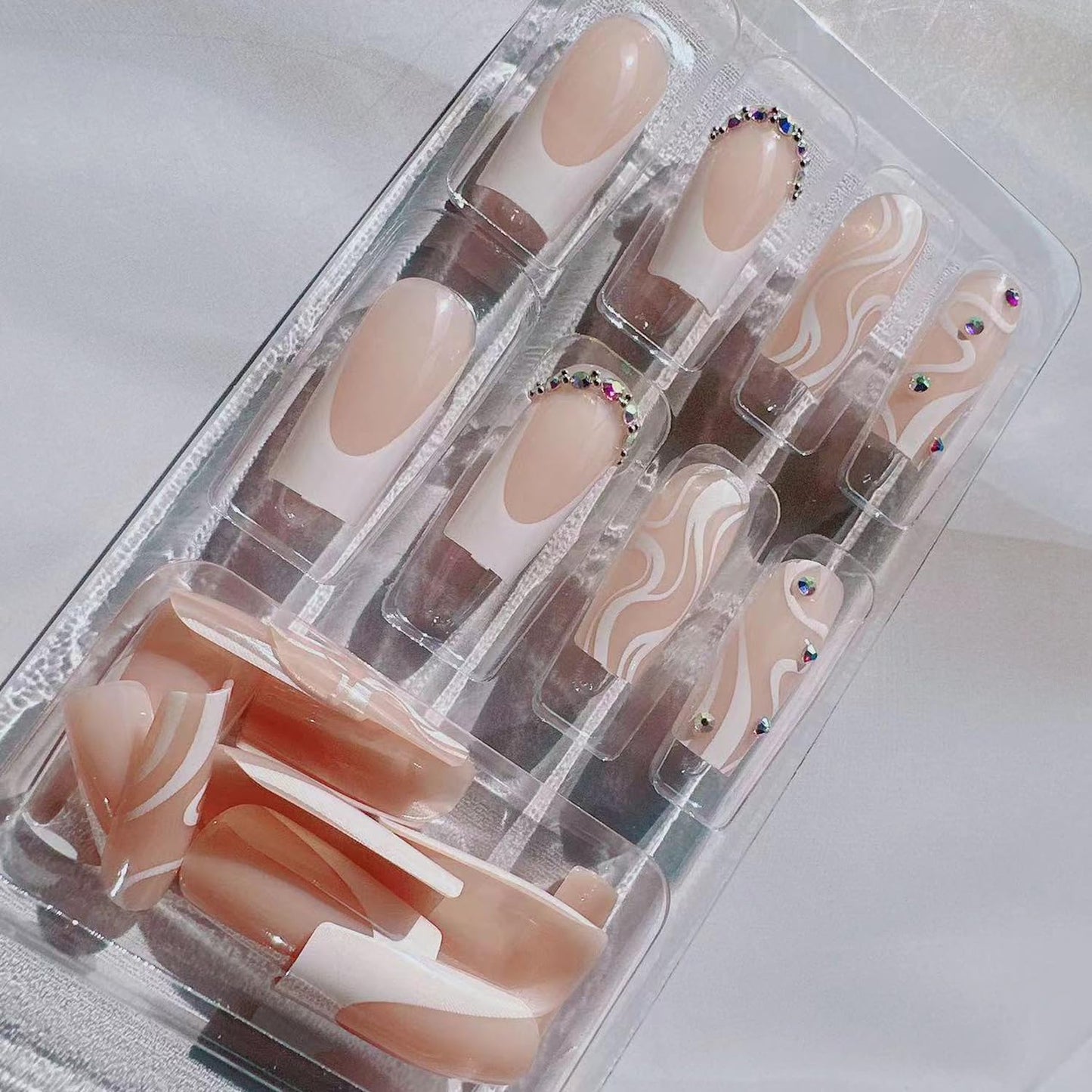 Medium Long Press on Nails White French Tip Fake Nails Square Medium Length Rhinestone Pink Designs Glitter V-shaped French False Nail Tips Artificial Nails Finger Manicure for Women and Girls-24pcs