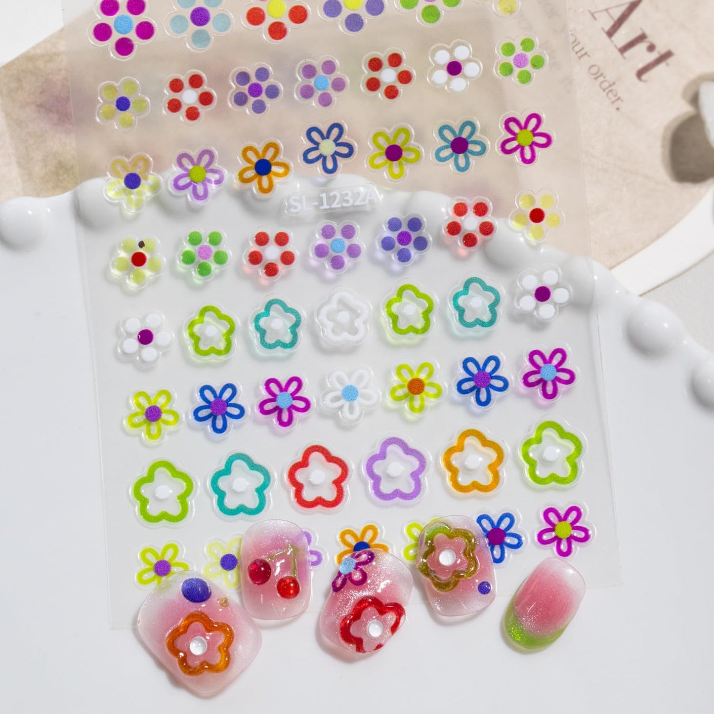 SIMAYKUWA Colorful Nail Art Stickers with Irregular Shapes & Floral Patterns Vibrant Dopamine Nail Art Decals Print for Women for Spring Summer