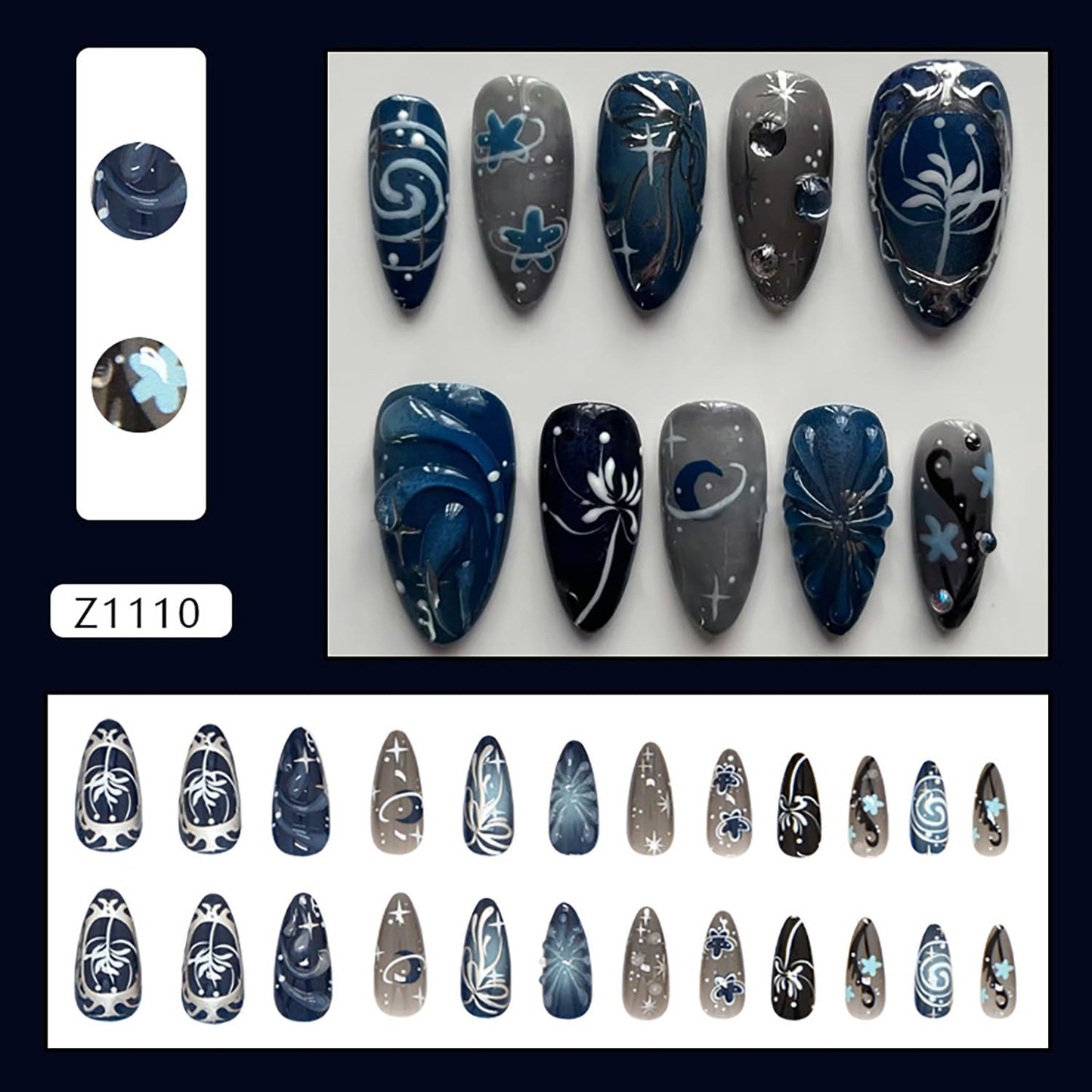 EYZOTSF Press on Almond Nails Medium Length Glossy Full Cover Acrylic Almond Shaped False Nails with Designs Artificial Fake Nail with Charms Glue Stick ons Fingernails for Women Girls(Z1110)