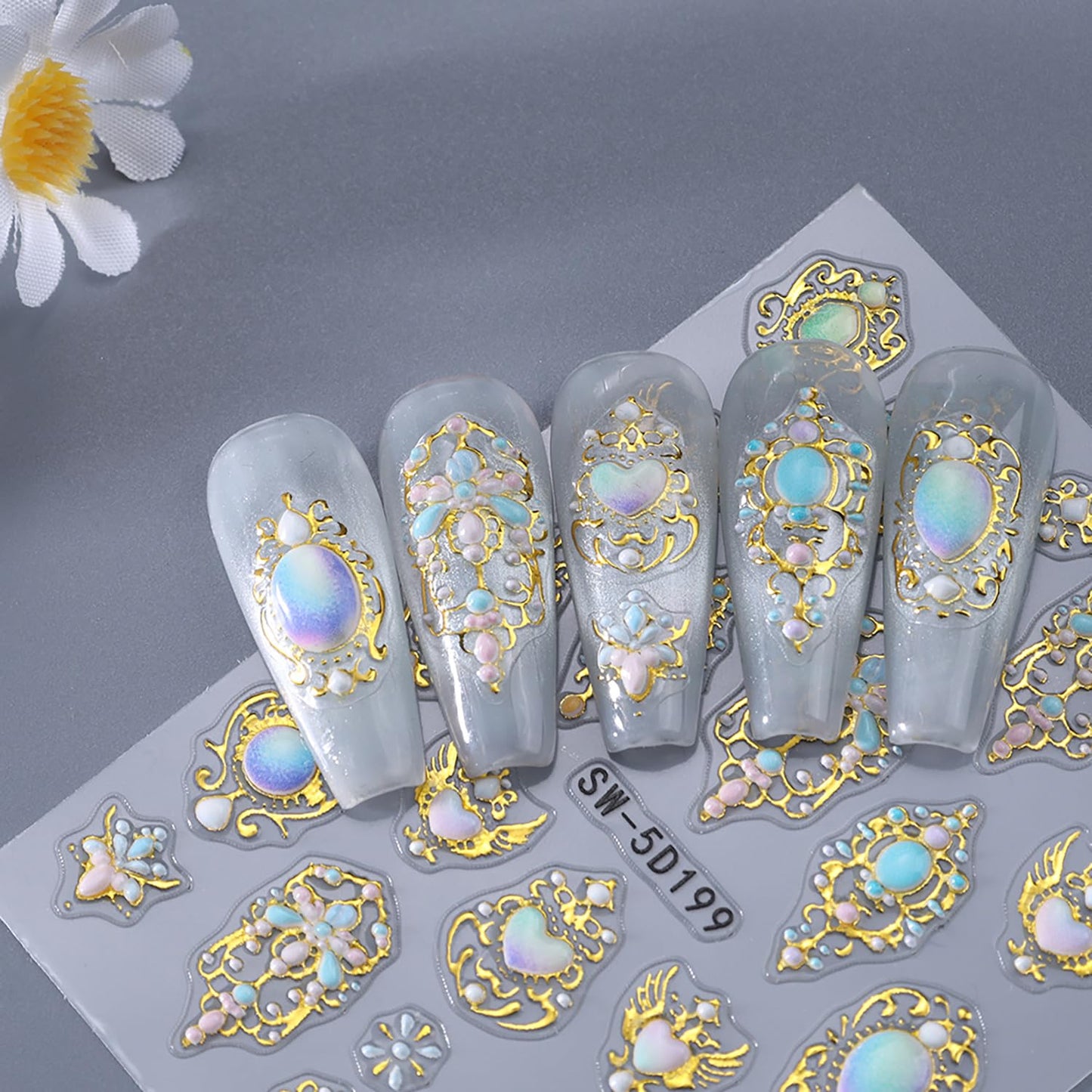 2 Sheets Bohemia Nail Stickers 5D Embosses Self-Adhesive Shine Rhinestones Nail Decals Gold Silver Heart Nail Stickers for Women DIY Manicure Decorations