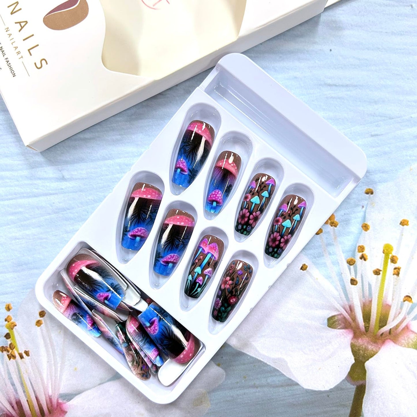 Mushrooms Press on Nails Medium Flower False Nails Ballet Shaped Acrylic Nails Fantasy Mushrooms Floral Design Colorful Stick on Nails Full Cover Coffin Nails Artificial Glue on Nails for Women 24Pcs