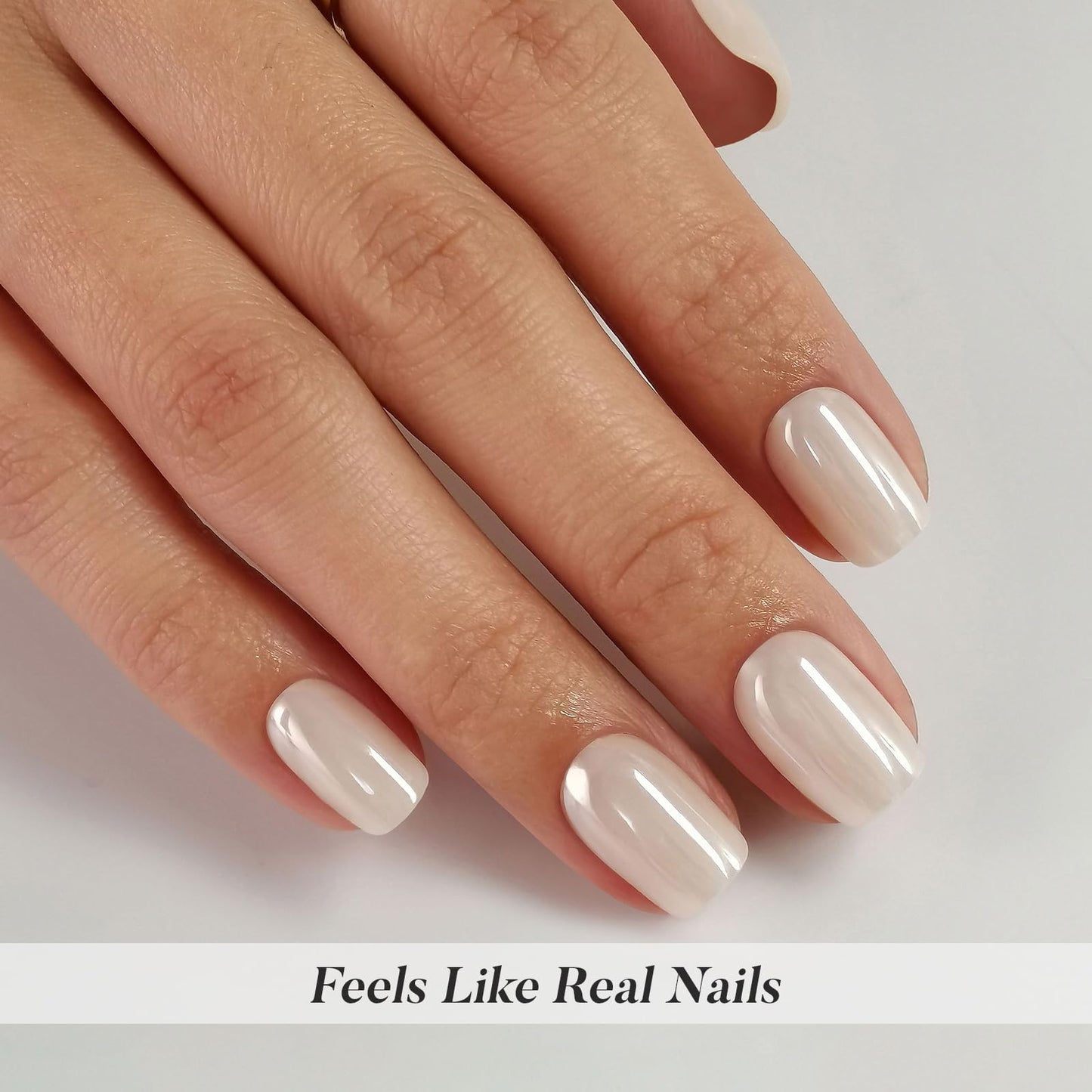 White Chrome Press on Nails Short - SHANGMENG Soft Gel Press on Nails Square for Women Gift, Fit Perfectly & Glossy Glue on Nails in 16 Sizes - 32 Reusable Fake Nails with Glue, Pearl White
