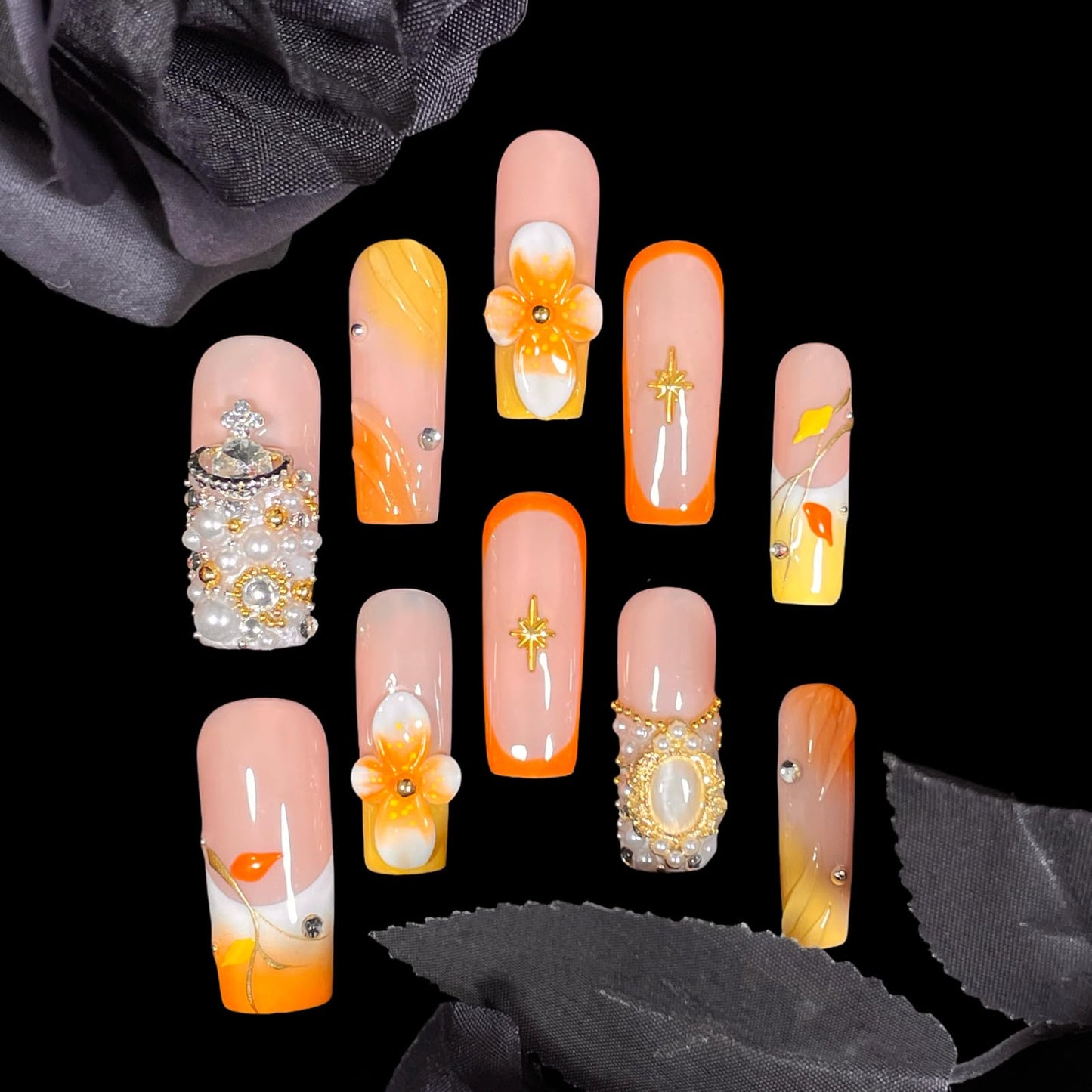 Handmade Press On Nails Medium/Long Square – Orange & Yellow 3D Floral Design with Diamonds, Pearl Chains & Retro Accents | Reusable Acrylic False Nails Gift for Women & Girls (S size)