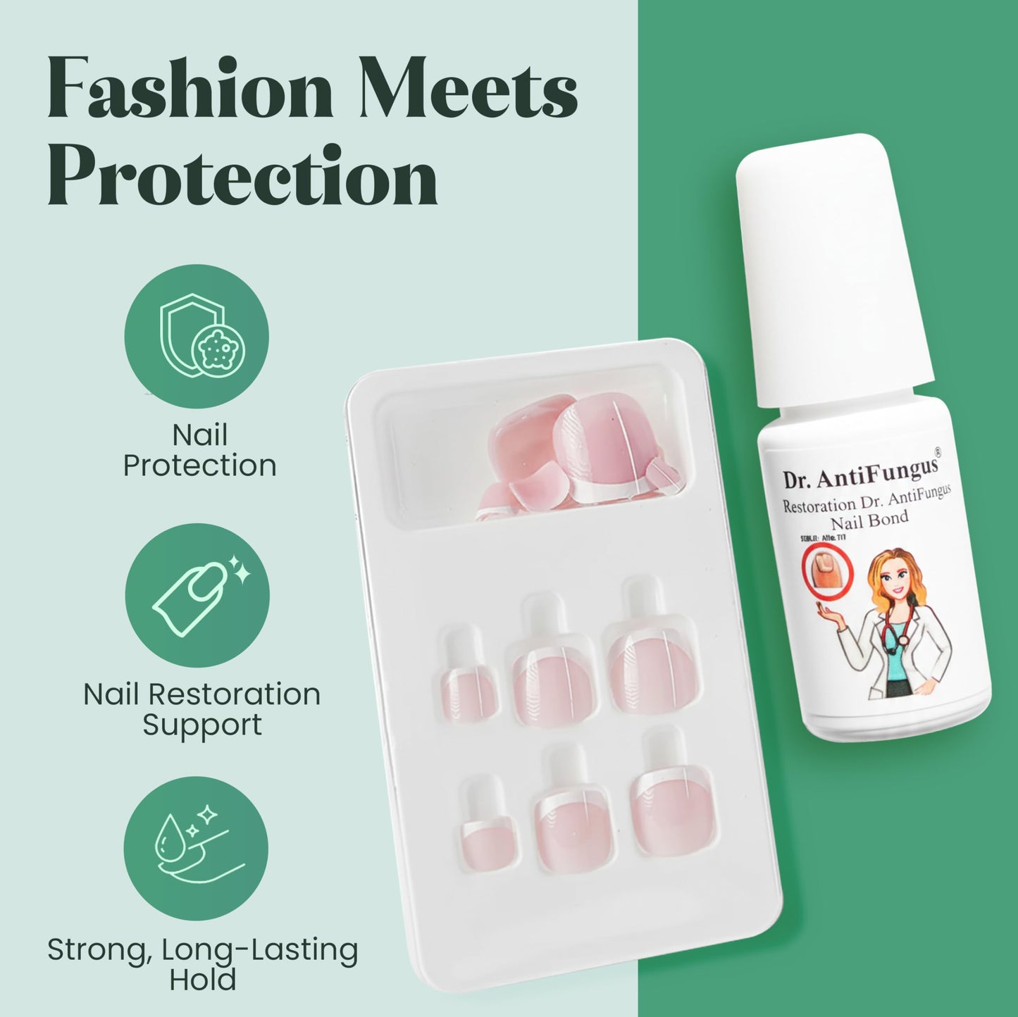 Dr. Antifungus - Press On Toe Nails Kit for Damaged Nails - 4 Sets Medium Oval Fake Toe Nails with Restorative Nail Bond Solution - Strong Glue-On for Women - Nail Repair - Red/Nude