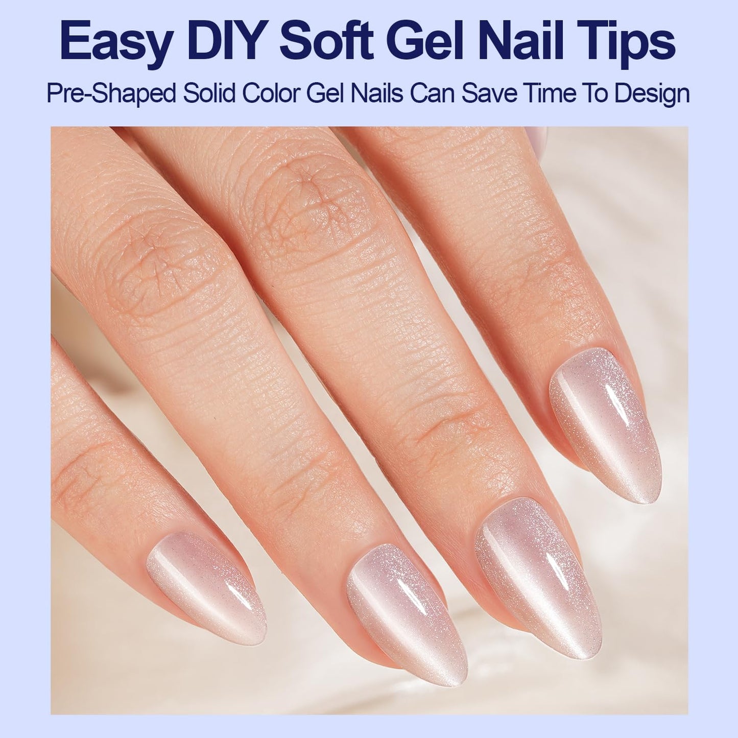 300Pcs Cat Eye Press on Nails Medium Almond, Plauva Soft Gel Fake Nails, Glossy Glitter Cat Eye Nail Tips for Women and Girls Stick On Nails in 15 Sizes