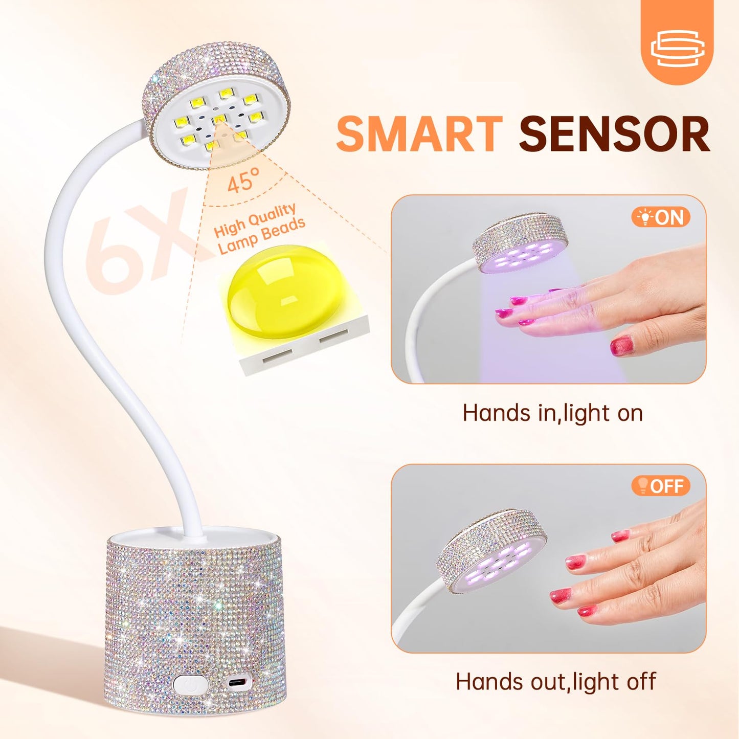 CHRISTINE SHELLY UV LED Nail Lamp, Mini UV Light for Gel Nails Polish, Rechargeable LED Flash Cure Nail Dryer, Quick Drying Goosenecks UV Nail Lamp for Home Nail Salon DIY Manicure, AB Diamond