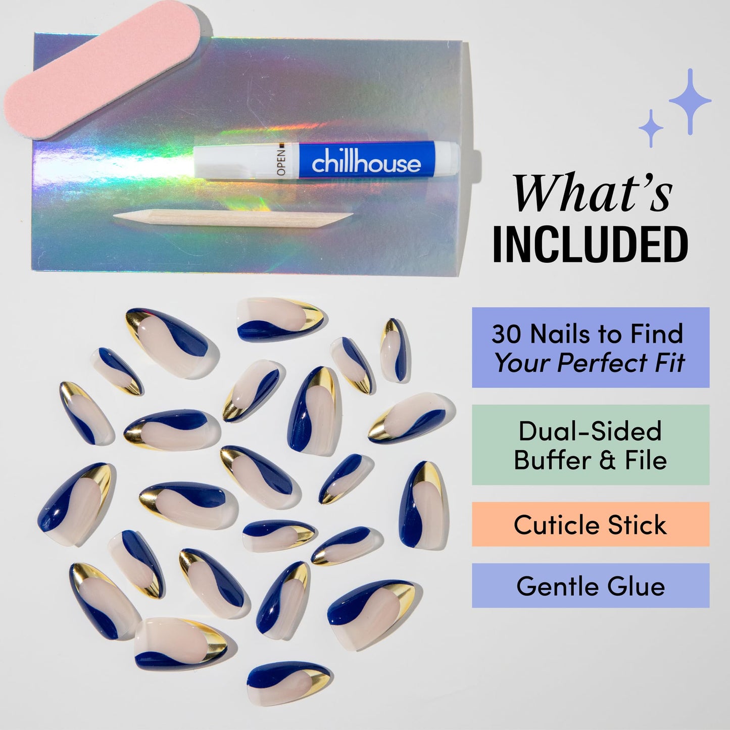 Chillhouse - Chill Tips, Press on Nails Kit - Catch the Crown (Almond) - 30 Nail Shapes & Sizes - Up to 2 Weeks of Wear - Customizable Fit - Reusable - Latina Founded & Women Owned - Beauty, Self Care