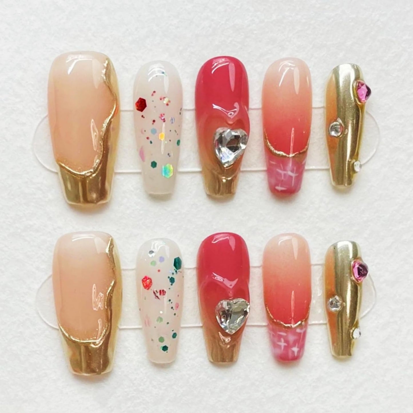 RENBING handmade press on nails short,coffin fake nails with designs,10 pcs high hardness acrylic nails press ons,3d cute false nails for women-Gilded Girl(S)