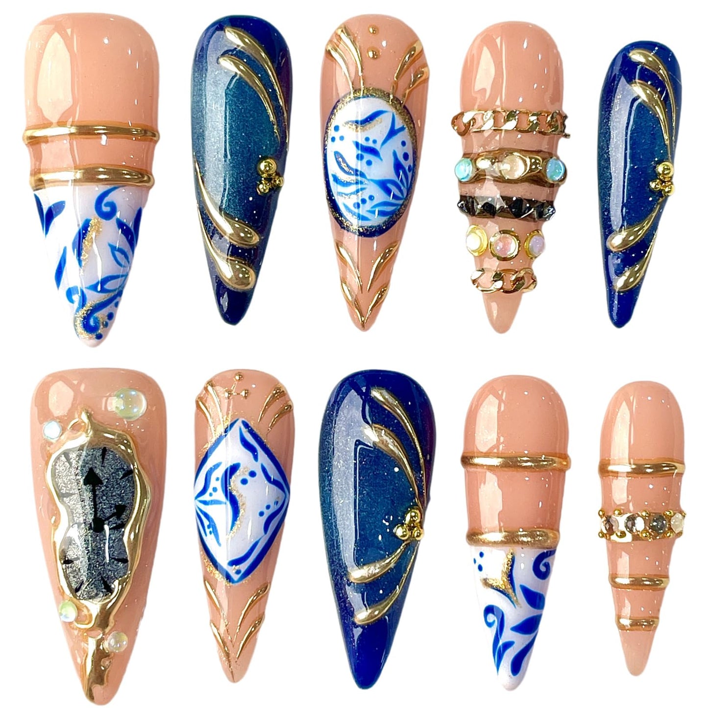 3D Handcrafted Press On Nails, Luxury Fake Nails with Porcelain Pattern, Ring Jewelry Inspired & Unique Clock Face Design, Reusable Acrylic False Nails Navy Blue (S)