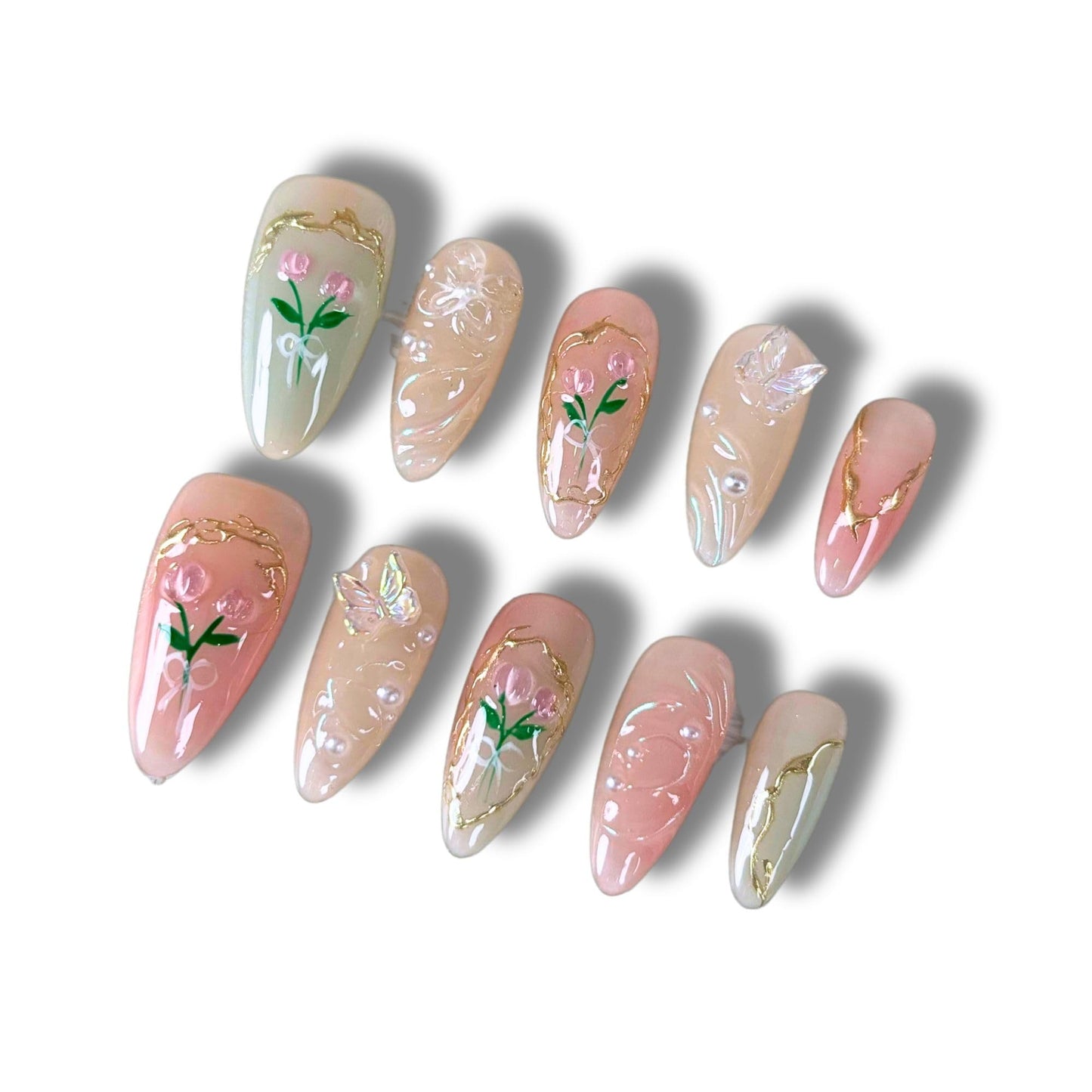 Yabonica 10PCS Press On Nails Short Almond,Handmade Painted Acrylic False Nails Press ons with 3D Butterfly & Floral Charm Salon Design,Luxury Glue On Nails for Woman Girls Gift (38M)