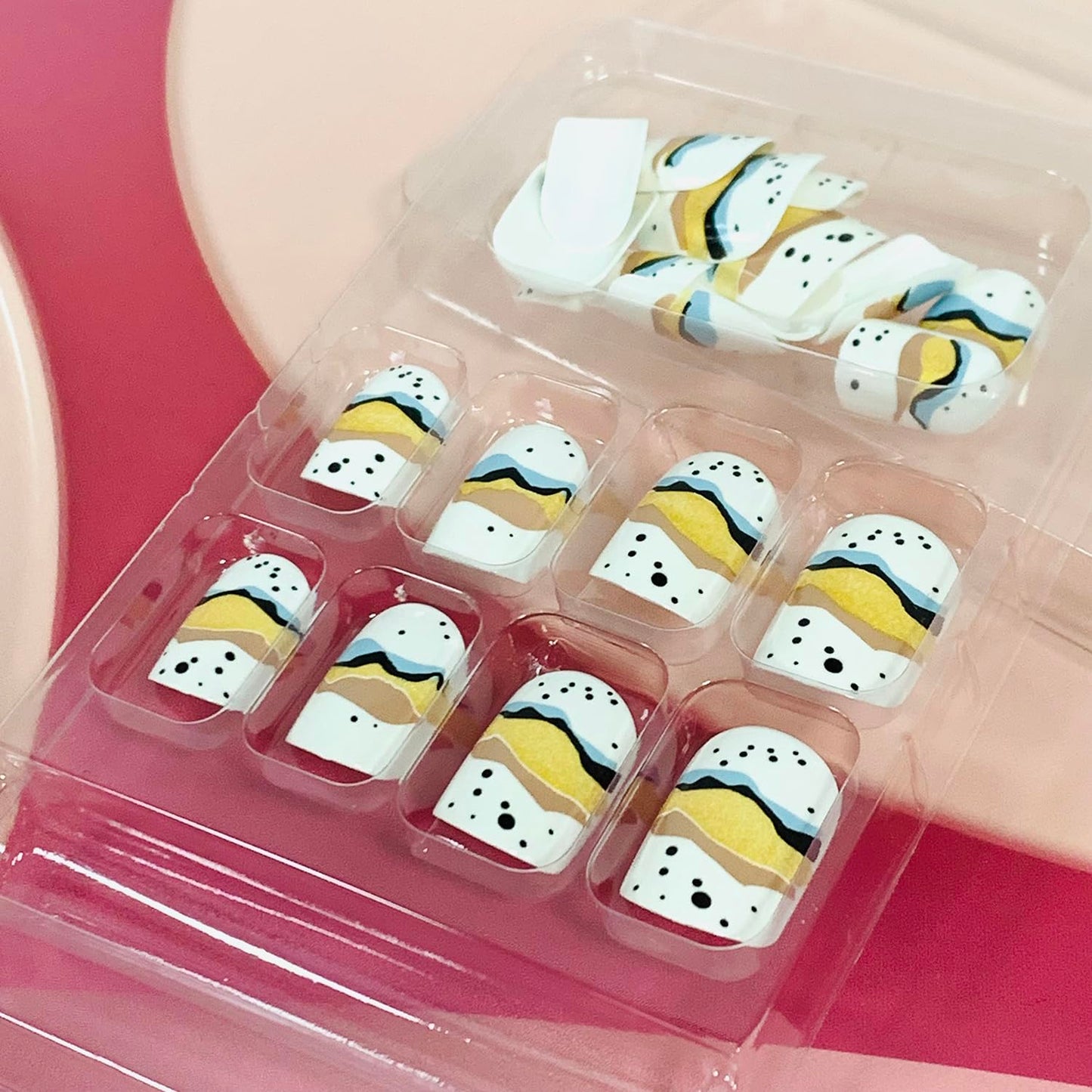 Vezocim Press on Nails Short Square-24Pcs Glossy Full Cover Acrylic Square False Nails with Line Designs Artificial Extra Short Square Fake Nails with Glue Stick on Fingernails for Women Girls