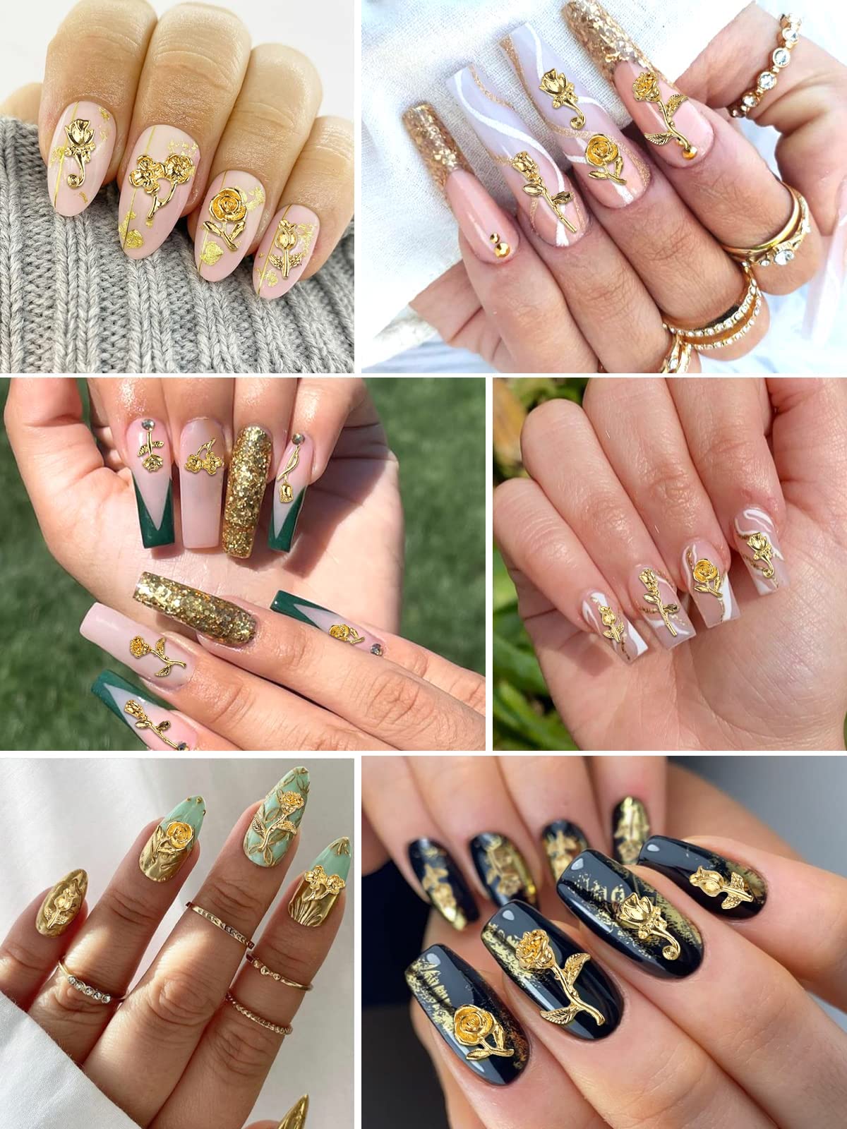 TOROKOM 120 PCS 3D Gold Rose Nail Art Charms Romantic Flowers Nails Decorations Alloy Nail Charms for Girls Women DIY Nail Design Craft Jewelry Making