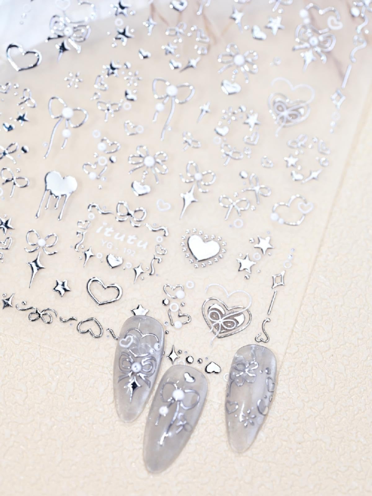 5D Embossed Heart Nail Stickers Self-Adhesive Silver Bows Nail Art Stickers Pearl Star Love Nail Decals for Acrylic Nails Spring Valentines Nail Sticker for Women Girls DIY Manicure Nails Supplies