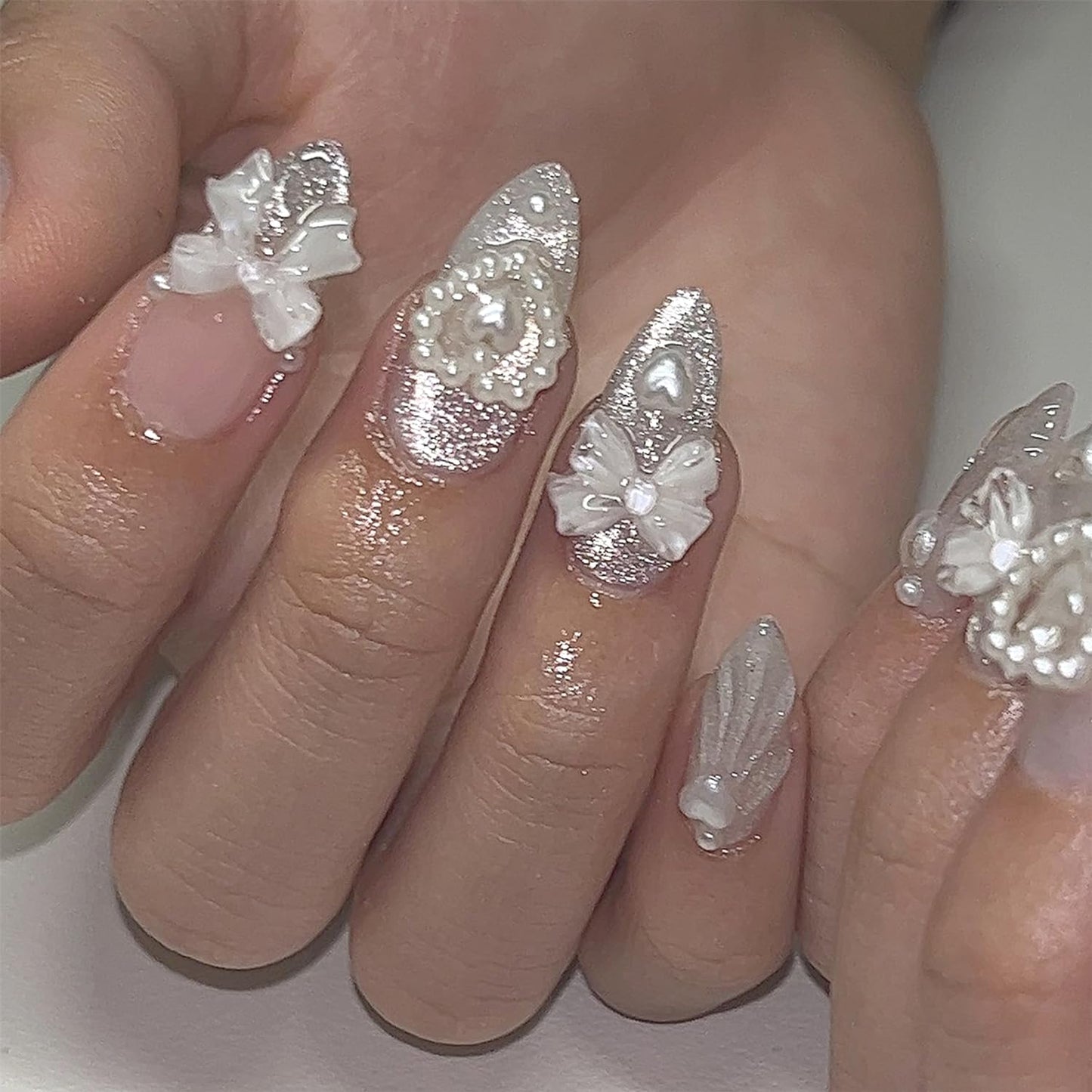 24Pcs Glitter French Tip Press on Nails Medium Almond Fake Nails Glossy Gradient False Nails with 3D Ripple Pearl Heart Design White Bow Stick on Nails Glue on Acrylic Artificial Nail for Women Decor