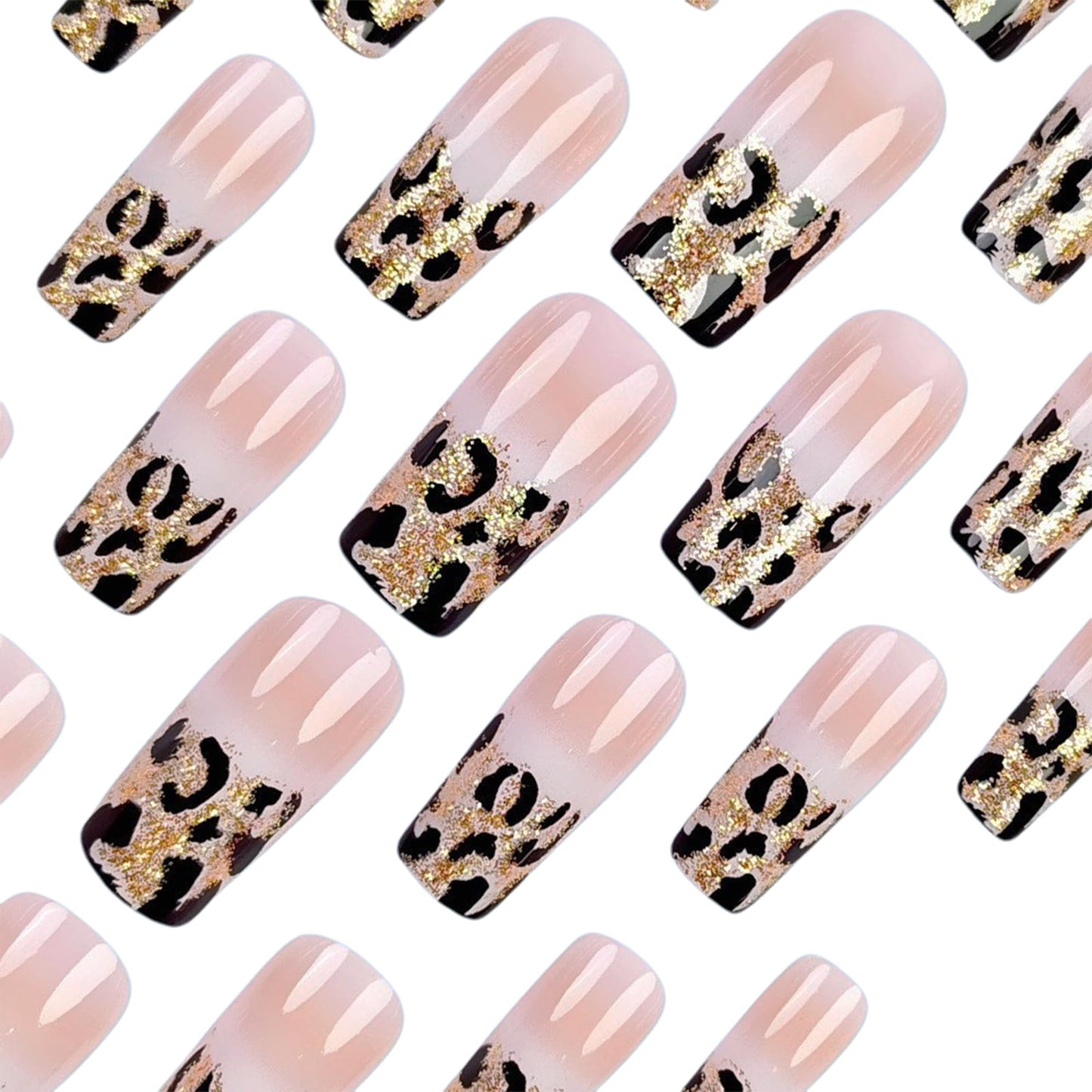 French Tip Leopard Print Press on nails Medium Square with Gradient Design Leopard Print Artificial Fake Nails Full Cover for Women Manicure 24 Pcs