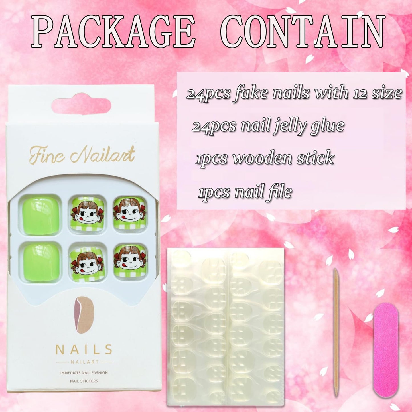 Press on Toenails with Cute Girls Designs, Artificial Green Fake Nails for Toe, Full Cover Glossy Coffin Acrylic False Nails, Glue on Toenails with Charm, Stick on Toe Nails for Women Girls(J198)