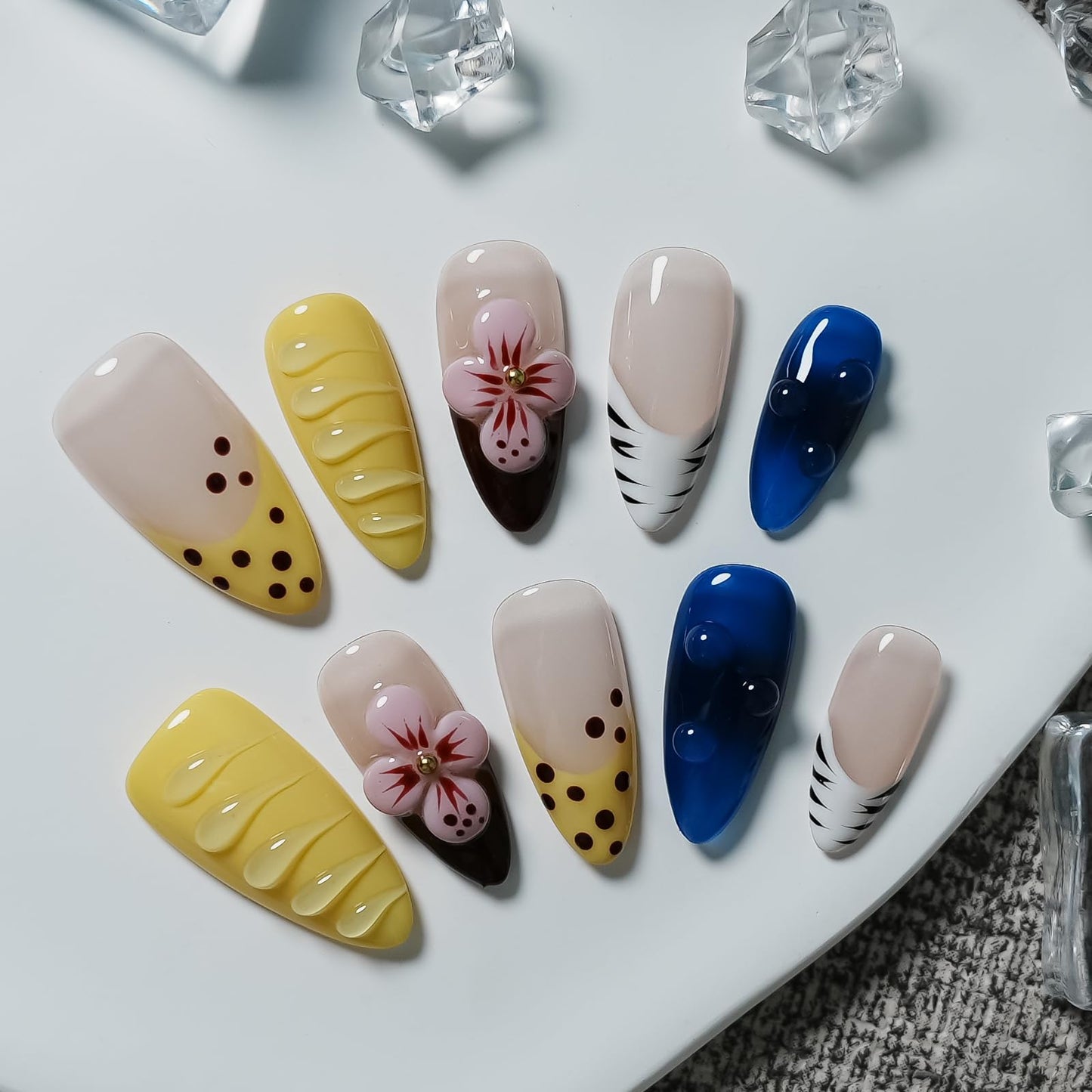 Tesytto Medium Almond Press on Nails – 3D Flower & Water Drop, Yellow French Tip Blue False Nails, Tropical Hawaiian Polka Dot Style Stick on Nails (Big Island-A,S)