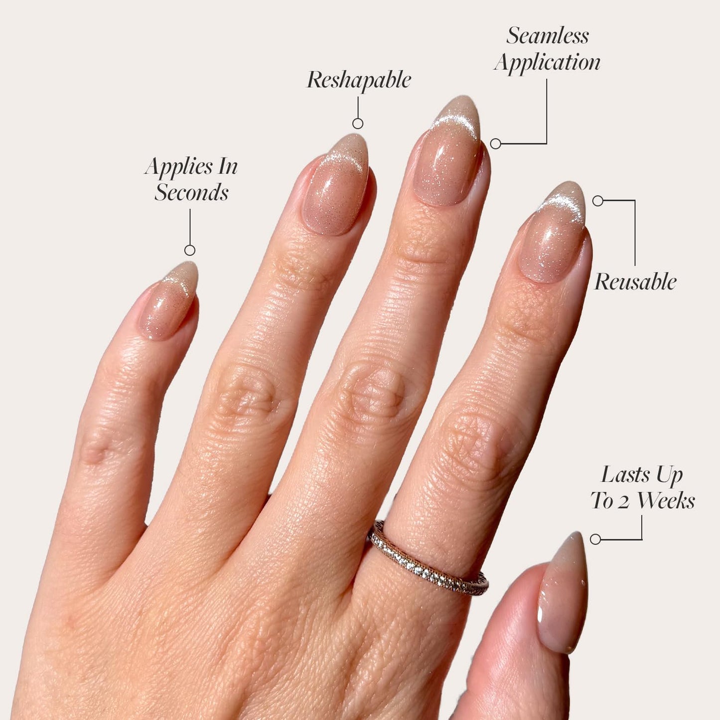 Glamnetic x GLAMZILLA Press-On Nails & Adhesive Nail Tabs - NOT YOUR CINDER-ELLA | Short Almond Nude Fake Nails with Velvet French Tip Effect | 15 Sizes - 30 Nail Kit with Adhesive Tabs