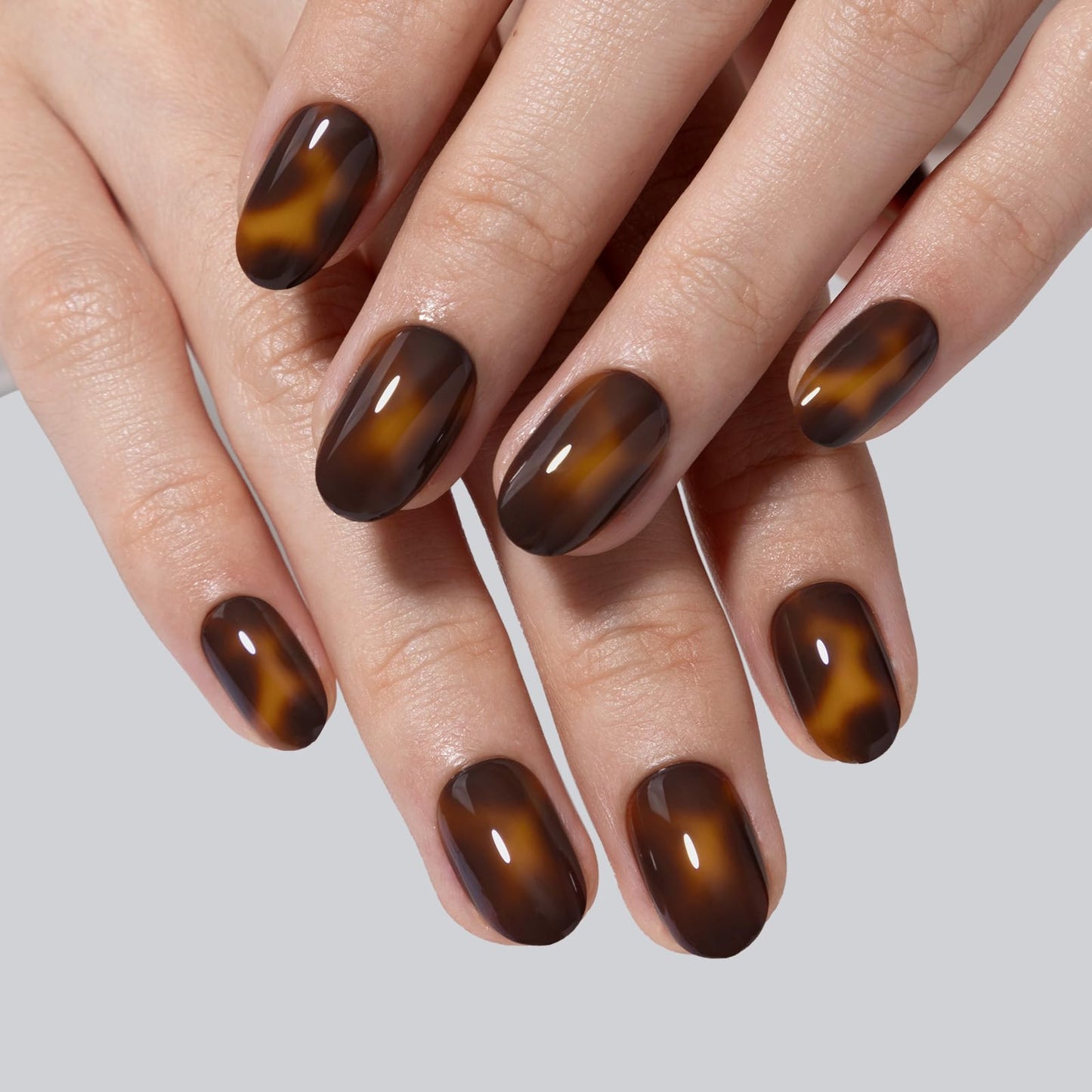 Tortoise Shell Press on Nails Short - SHANGMENG Soft Gel Oval Press on Nails for Women, Seamless Fit & Glossy Glue on Nails 16 Sizes - 32 Reusable Fake Nails Kit with Glue, Amber Memory
