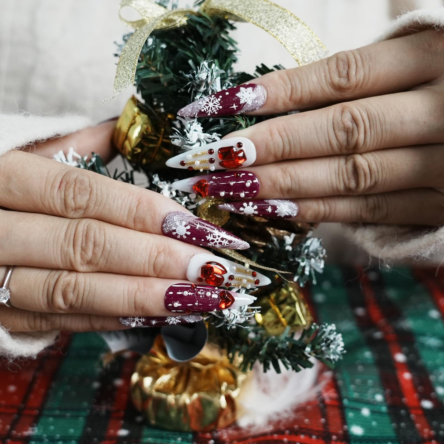 Tesytto Luxury Red Press On Nails Long Stiletto, 3D Heart & Rhinestone Glam Design, Glossy Handmade Fake Nails with Snowflake Detail, Valentine’s Day Winter Acrylic Nails (Snow Falls,S)