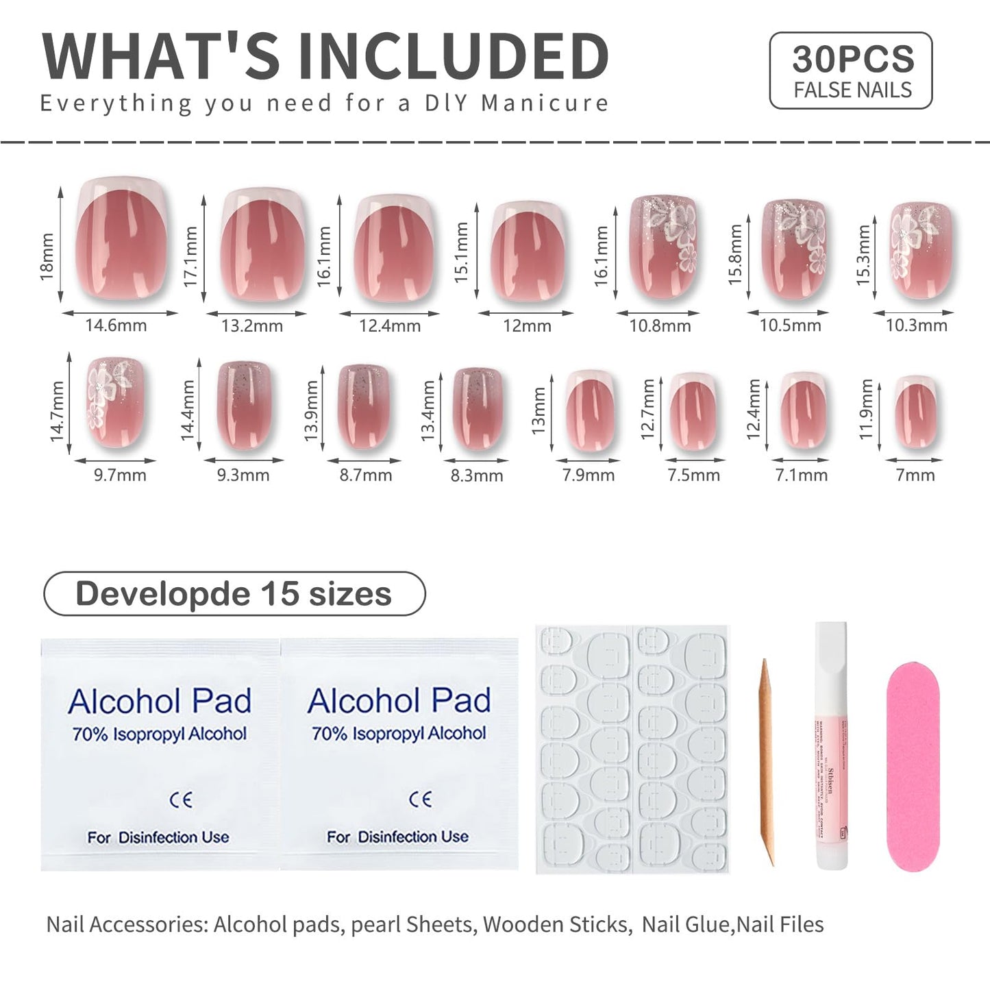 Stbisen Summer French Nude Pink Press On Nails Short Square, White Flower Glitter Ombre Fake Nails, 30Pcs 15 sizes Glossy Reusable Glue On Nails for Women, Daily Wedding Manicure and Everyday Wear
