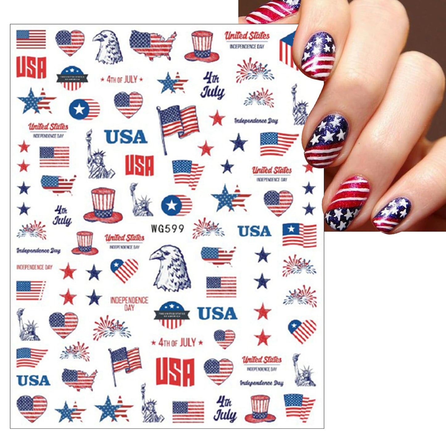 8Sheets 4th of July Nail Art Stickers American Independence Day Nail Design Decals，3D Self-Adhesive Nail Decals Balloon Heart Designs American Flag Nail Decorations for Women Girls Manicure Stickers