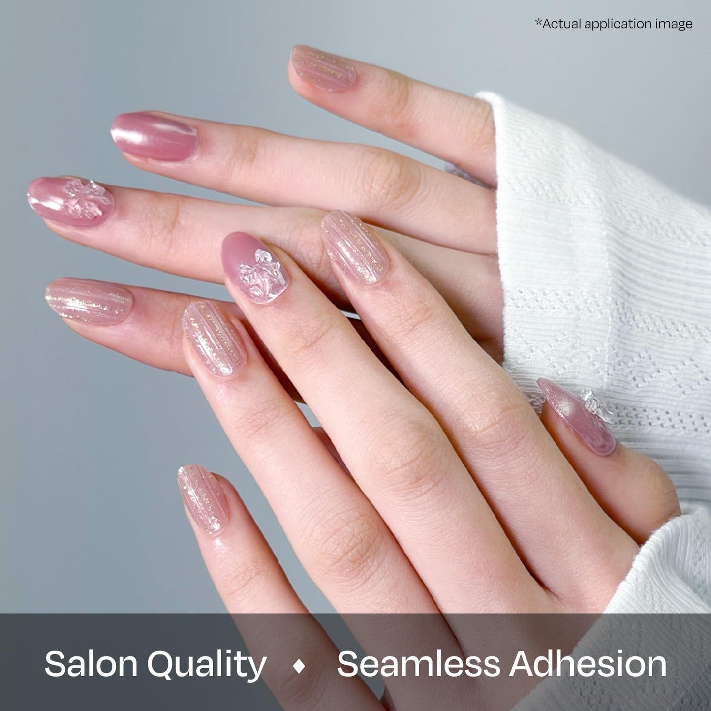 ohora Semi Cured Gel Nail Strips (N Rosy Bow) - 3D, Magnet, Pink, Gold, Works with Any Lamps, Salon-Quality, Long Lasting, Easy to Apply & Remove - Includes 2 Prep Pads, Nail File & Wooden Stick