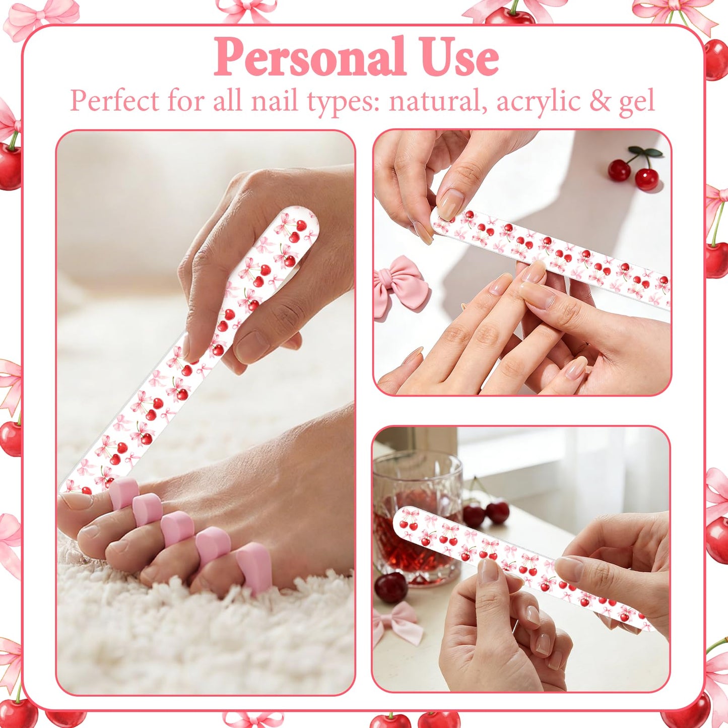 Diartpaint 50pcs Cherry Bairthday Party Favor for Guest Cherries Nail Files Bulk Emery Board for Cherry On Top Baby Shower Party Favor Double-Sided Emery Board for Women Girl Fingernail Tool Salon Use