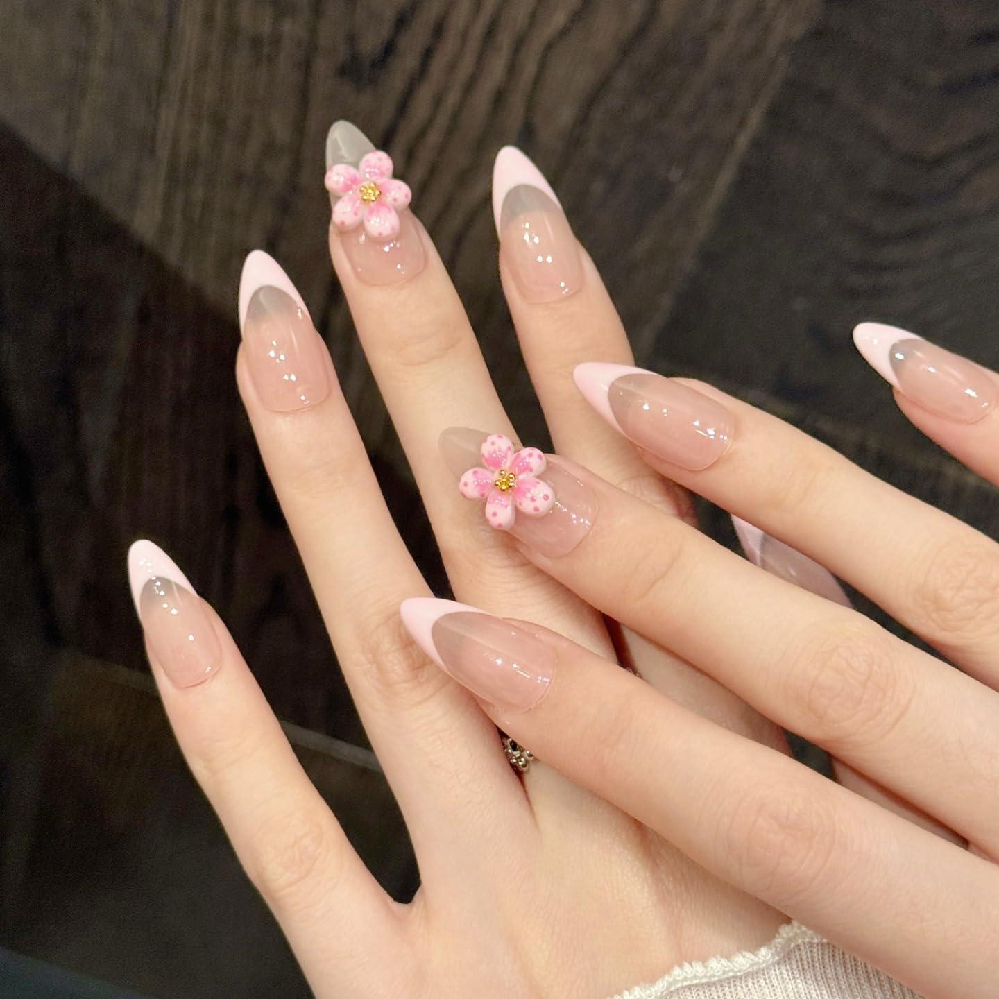 Handmade Press On Nails Medium Almond Pink And Delicate Carved Ppeach Blossoms Reusable Wedding Prom And Festival Gift Handmade Acrylic Press On Nails Aacrylic Nail (M)