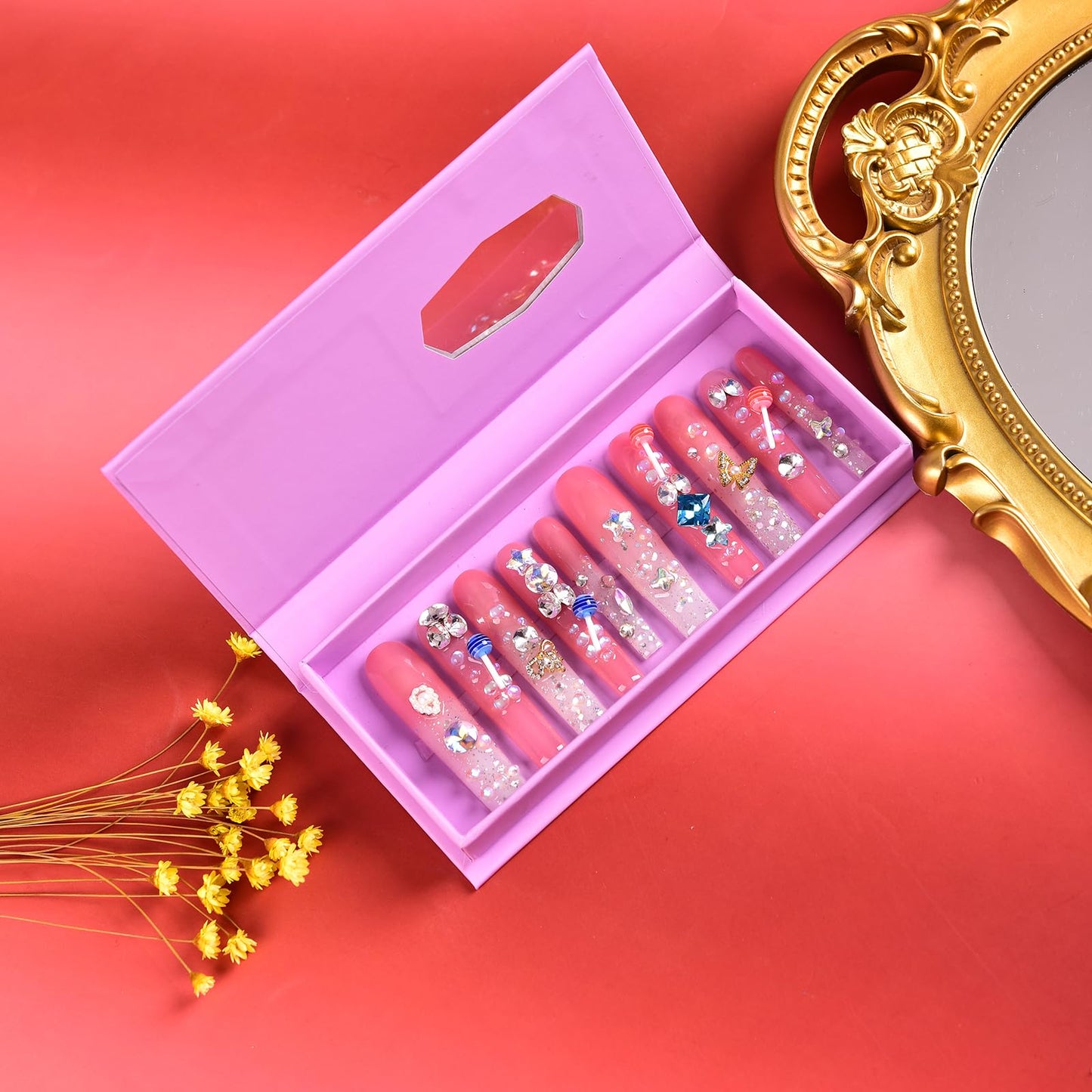 Tmani 10pc/set Extra Long Handmade Press On Nail Hot Girl's Long Ballet Nails Square Nail Full of Diamond Glitter Decoration Fake Nails Suitable For Girls Festival Parties and Birthday Gift (275,M)