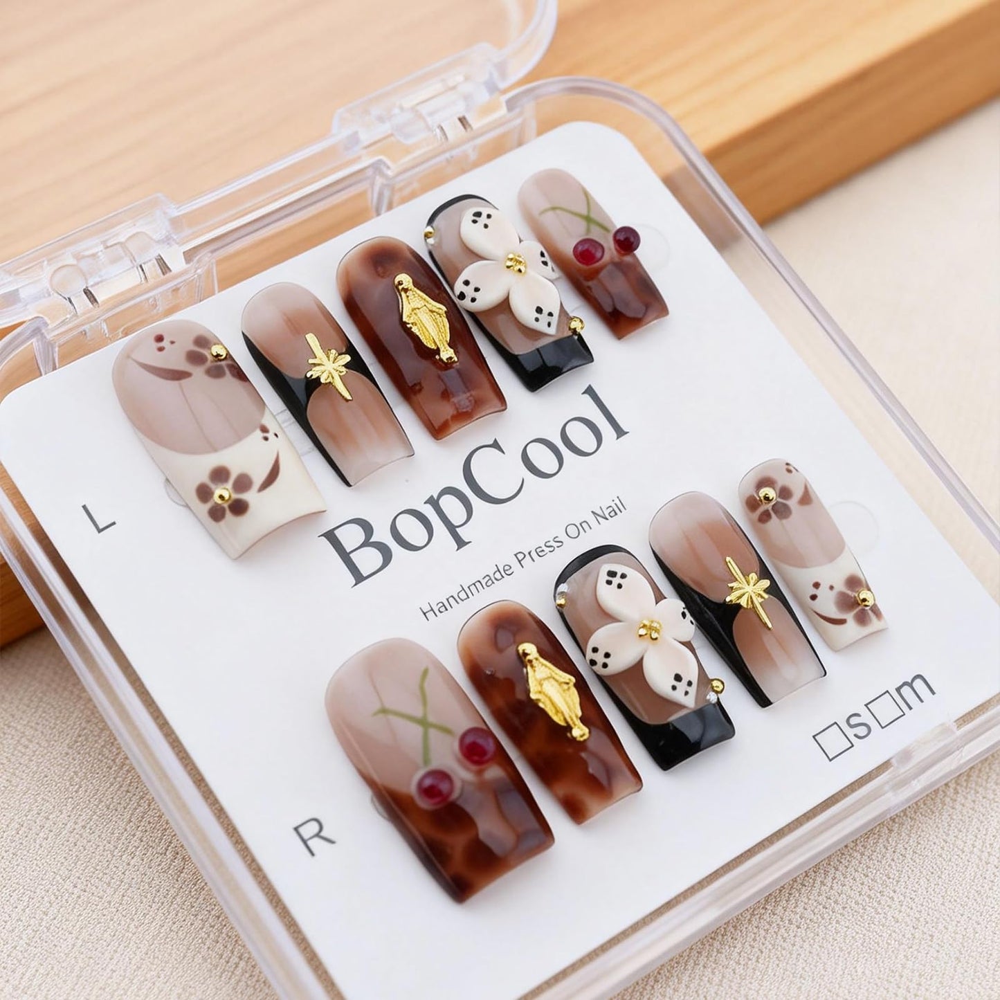 Handmade Long Square Press On Nails - 3D Flower & Cherry French Design, Reusable Acrylic Full Cover Nails (M-10PCS)