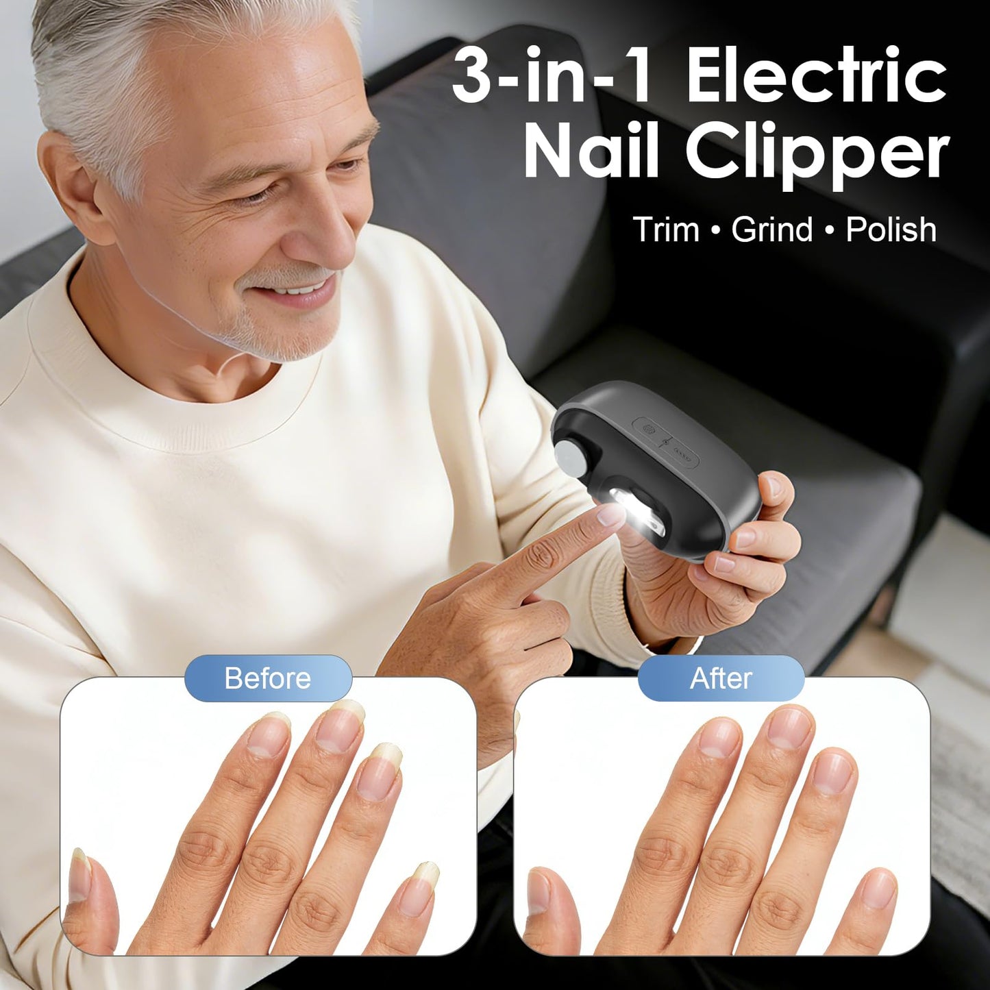 Electric Nail Clipper, 3 in1 Toenail Clippers & Nail Drill with Polishing for Fingers and Toes, Rechargeable Fingernail Trimmer with 3 Adjustable Speeds for Senior Adults Men Baby Caregivers