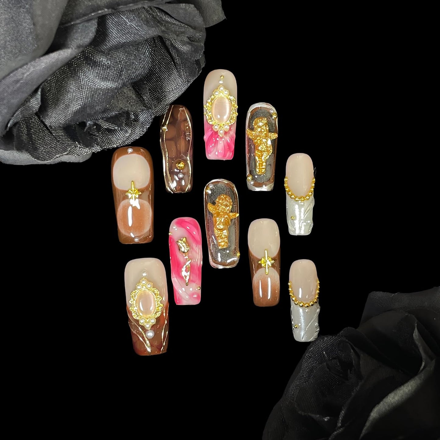Handmade Press On Nails Vintage Style Gold Angel & Flower Design with Amber Print, Medium/Long Square Shape Acrylic False Nails, Reusable Luxury Retro Nail Art (Cherub, M)