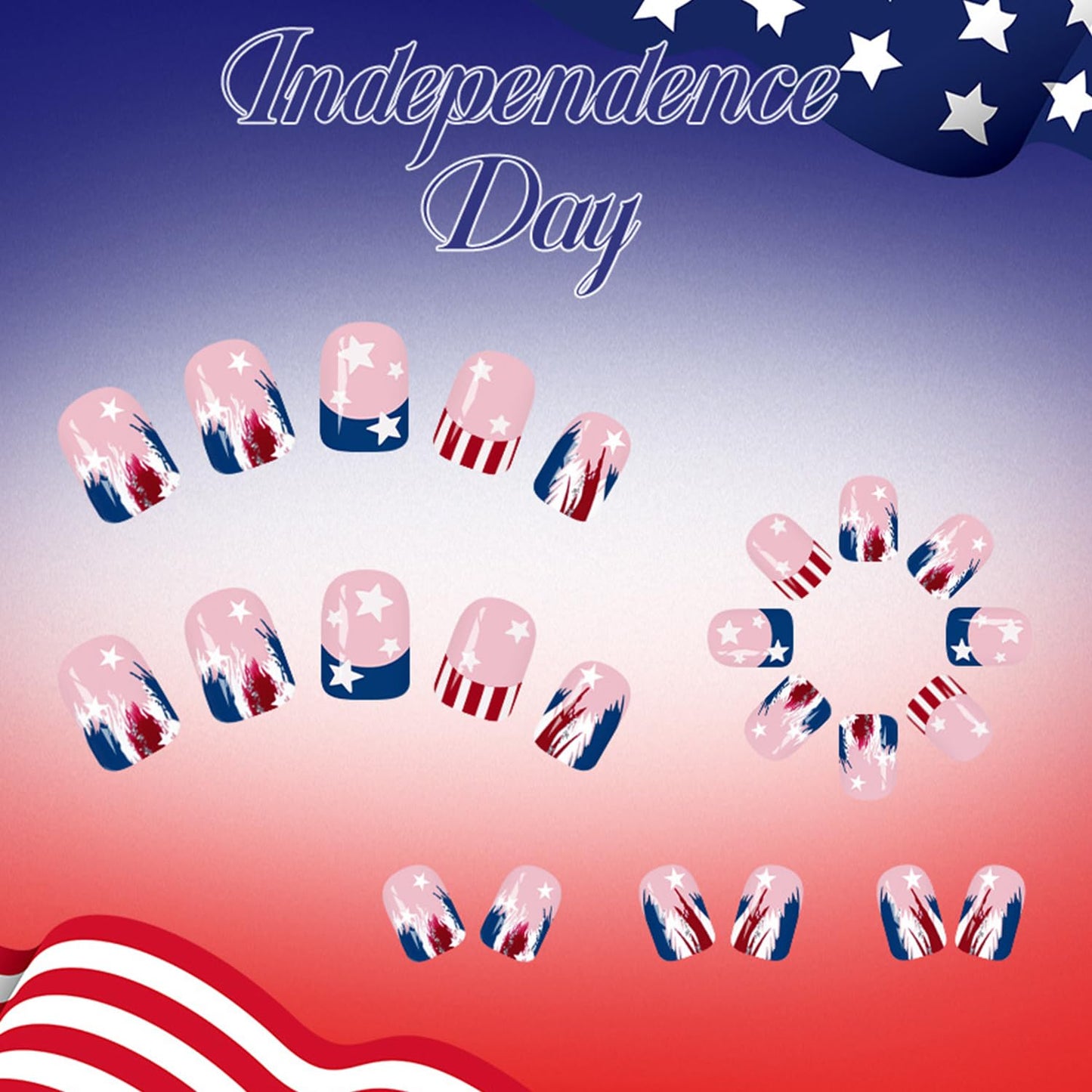 Nude Pink Independence Day Press on Nails Short Square French False Nail Red Blue White Lines with Stars Fake Nails Reusable 4th of July Press Ons Artificial Fingernails for Women Festival Manicure