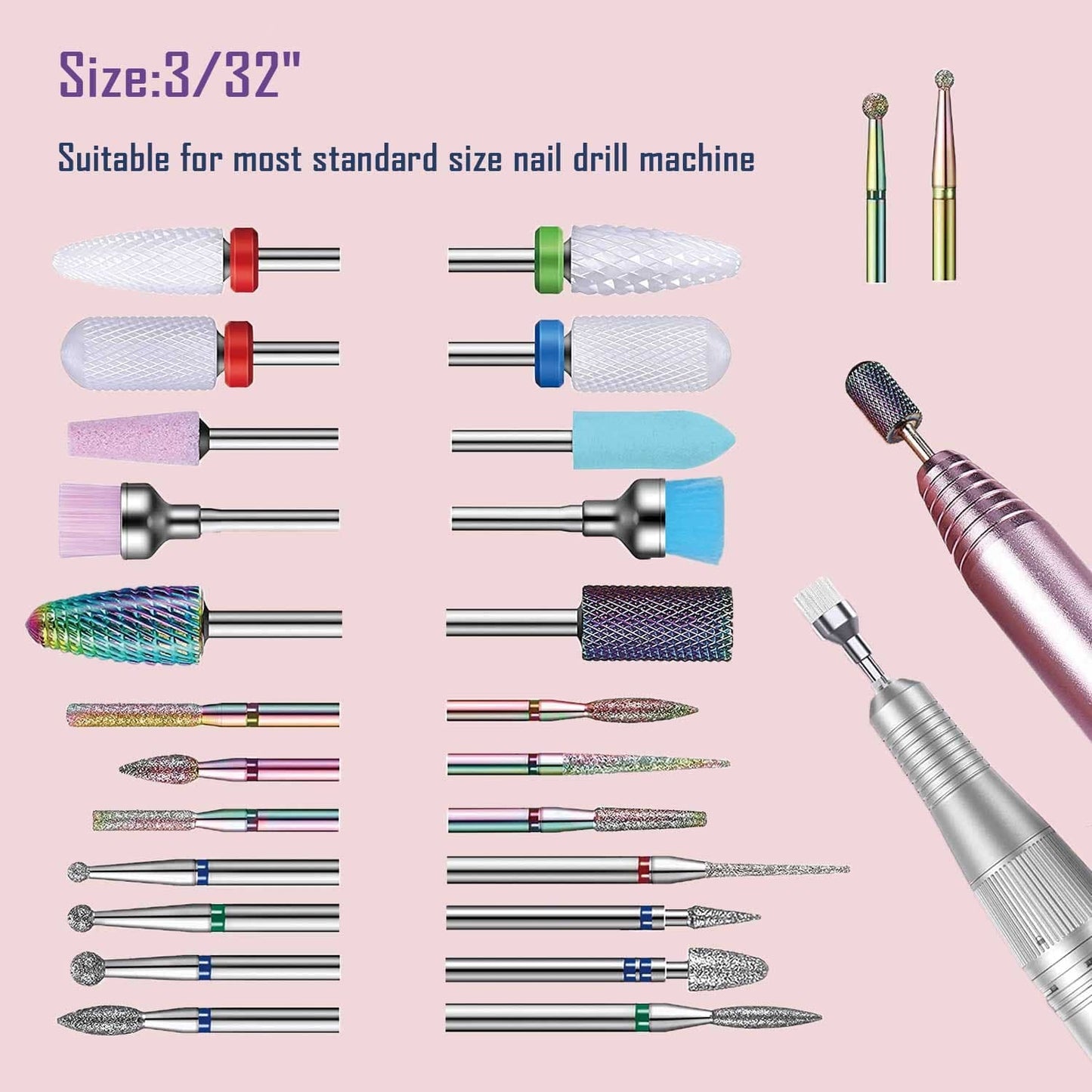 Nail Drill Bits Set, 3/32" Ceramic Tungsten Carbide Diamond Drill Kit,30Pcs Safety Professional Rotary Burrs Polish Nail File Bit for Acrylic Poly Nails Gel Cuticle Remover Electric Manicure Pedicure