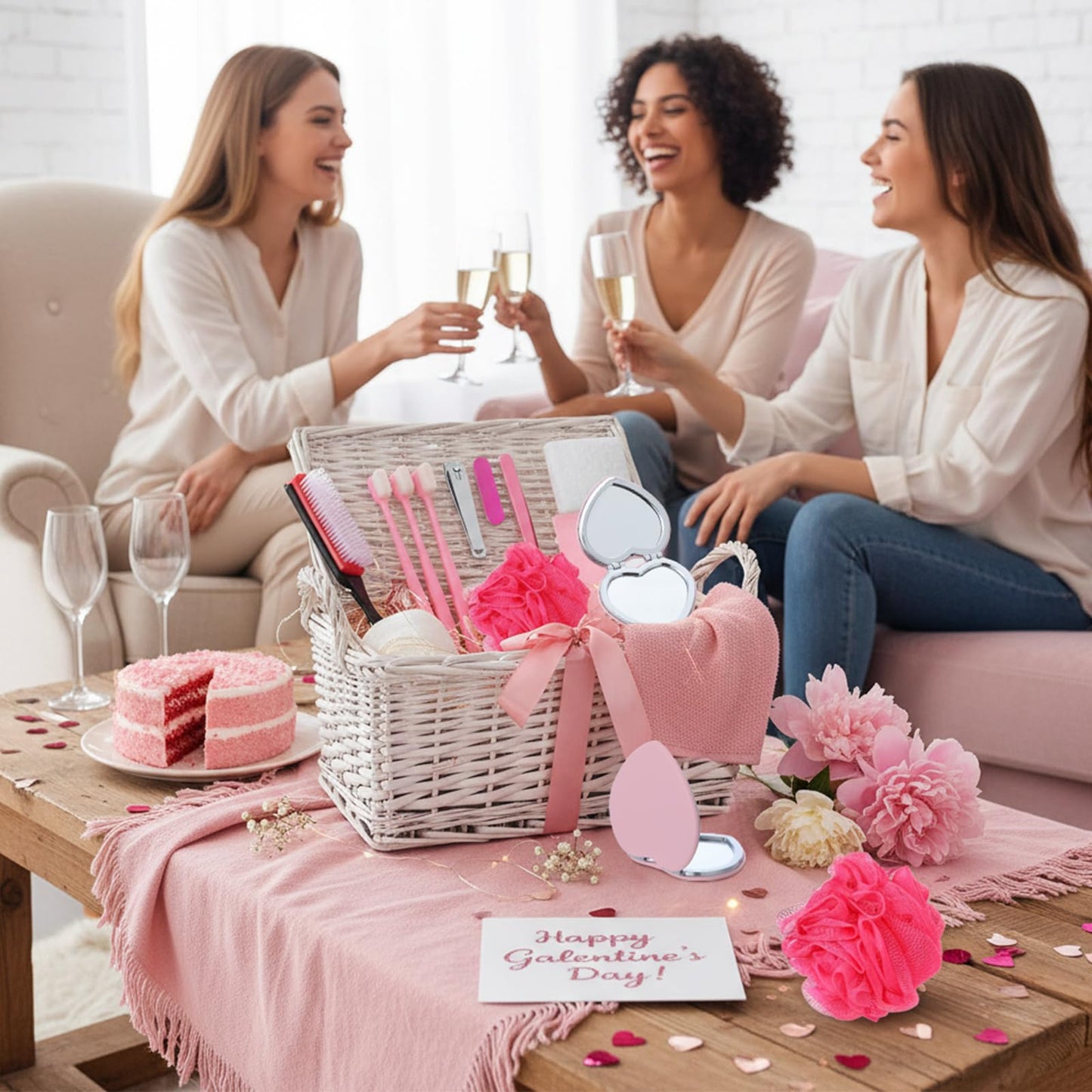 Funnymoom 14 Pcs Pink Galentines Day Gifts for Her Pink Theme Gifts Set Love Mirror Bath Sponge Toothbrush Nail File Nail Clipper Tweezer Towel Comb for Valentines Women Friends Friendship